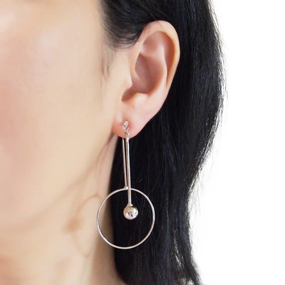 Double Sided Ball and Arrow Bar Clip on Hoop Earrings (Silver tone) - miyabigracejewelry.com