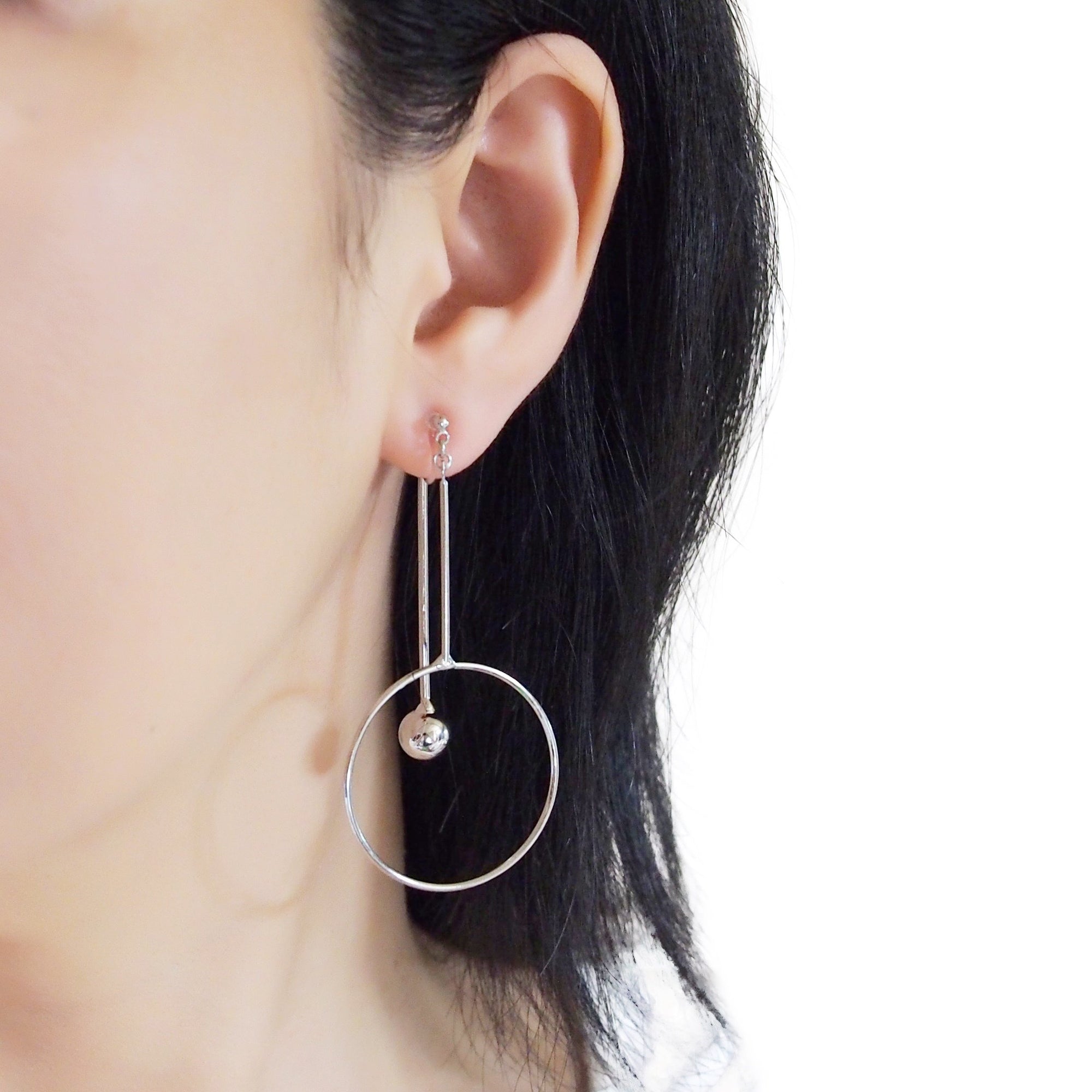 Double Sided Ball and Arrow Bar Clip on Hoop Earrings (Silver tone) - miyabigracejewelry.com
