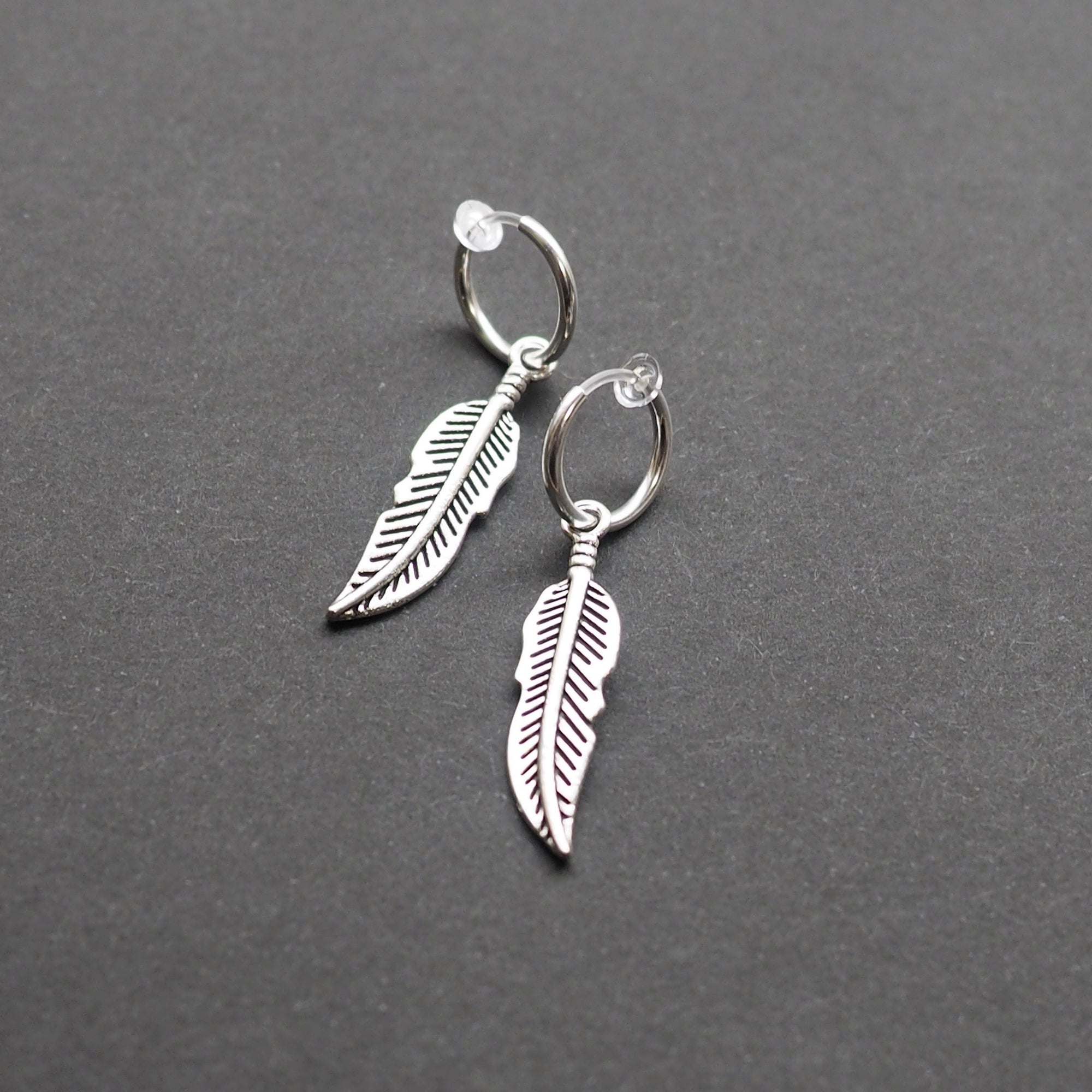 Silver Feather Resin Clip On Hoop Earrings - Miyabi Grace