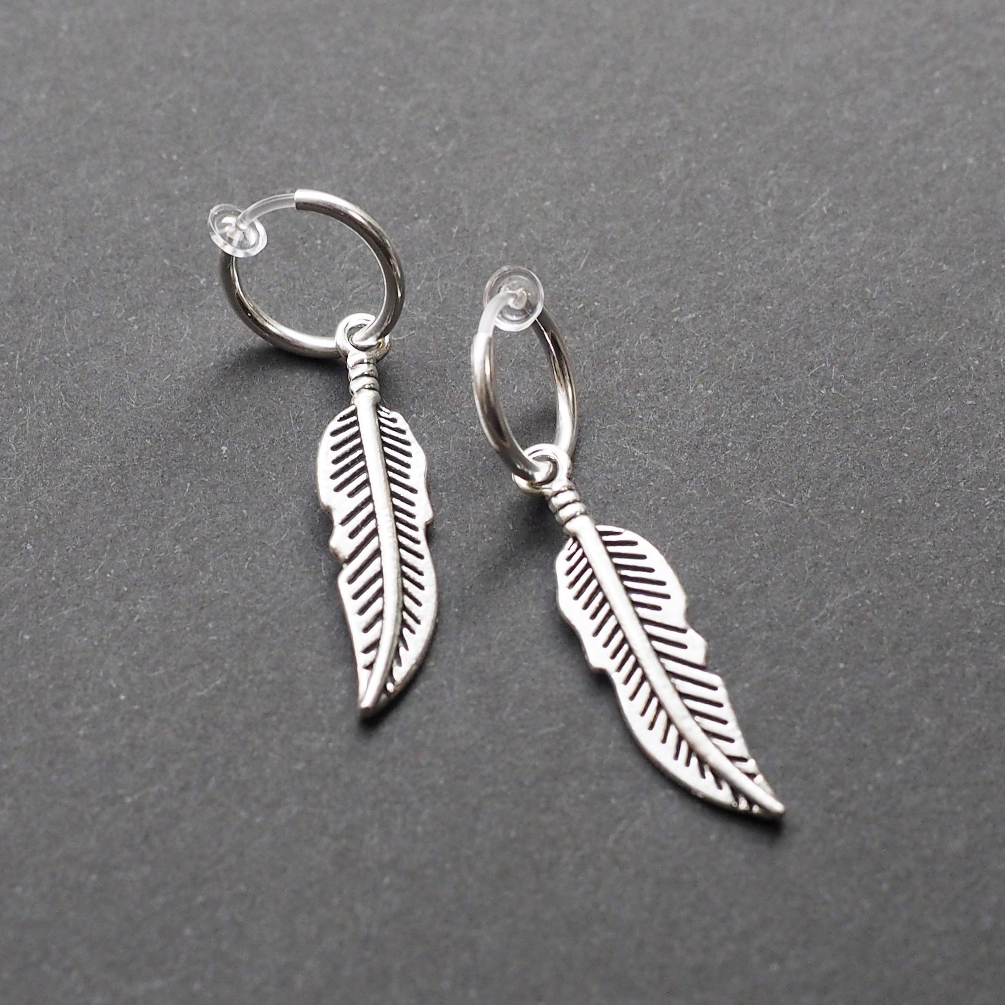Silver Feather Resin Clip On Hoop Earrings - Miyabi Grace
