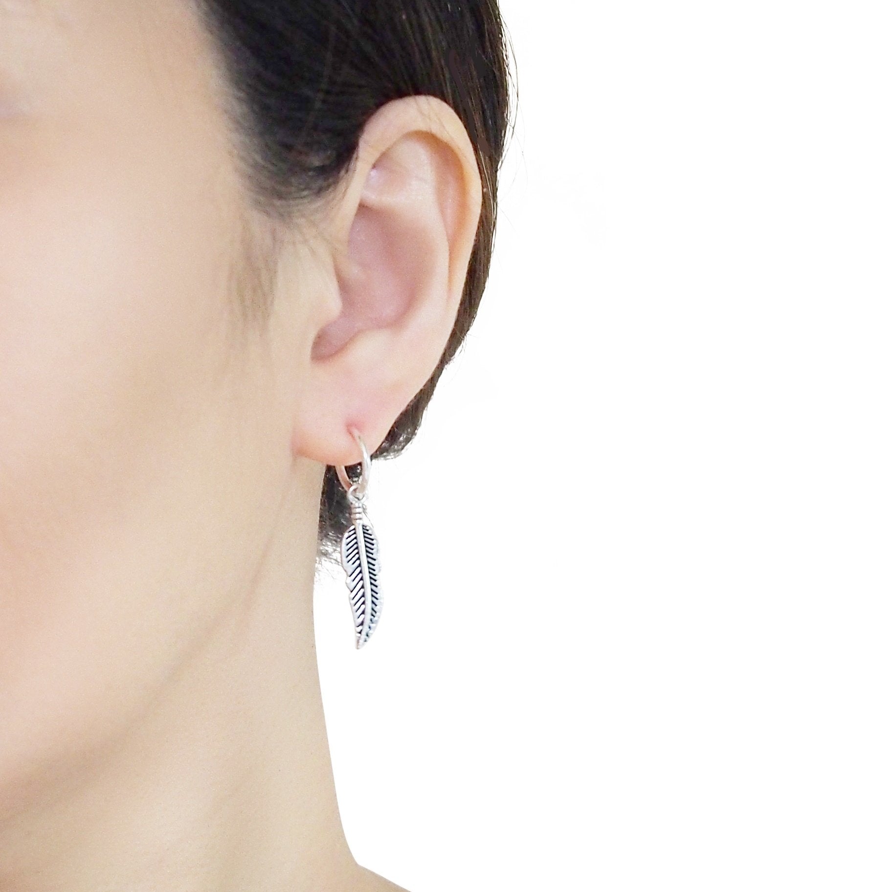 Silver Feather Resin Clip On Hoop Earrings - Miyabi Grace