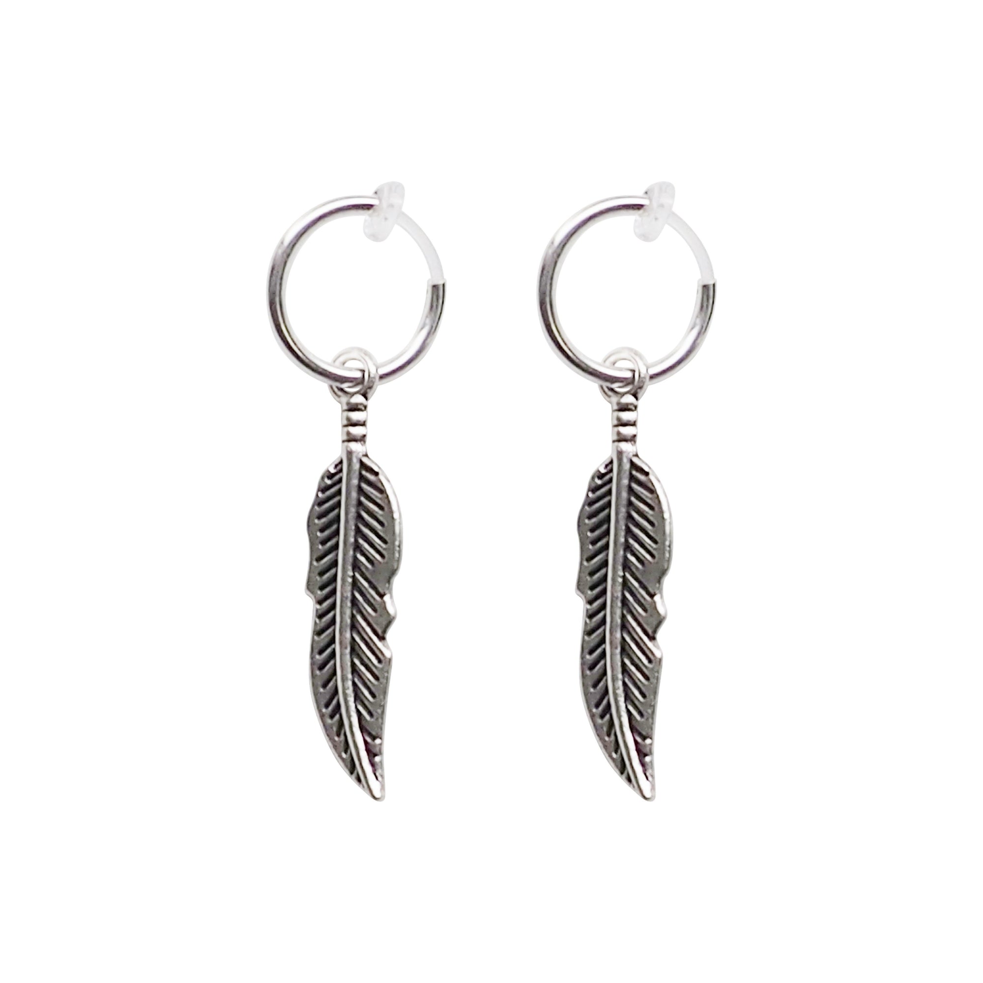 Silver Feather Resin Clip On Hoop Earrings - Miyabi Grace