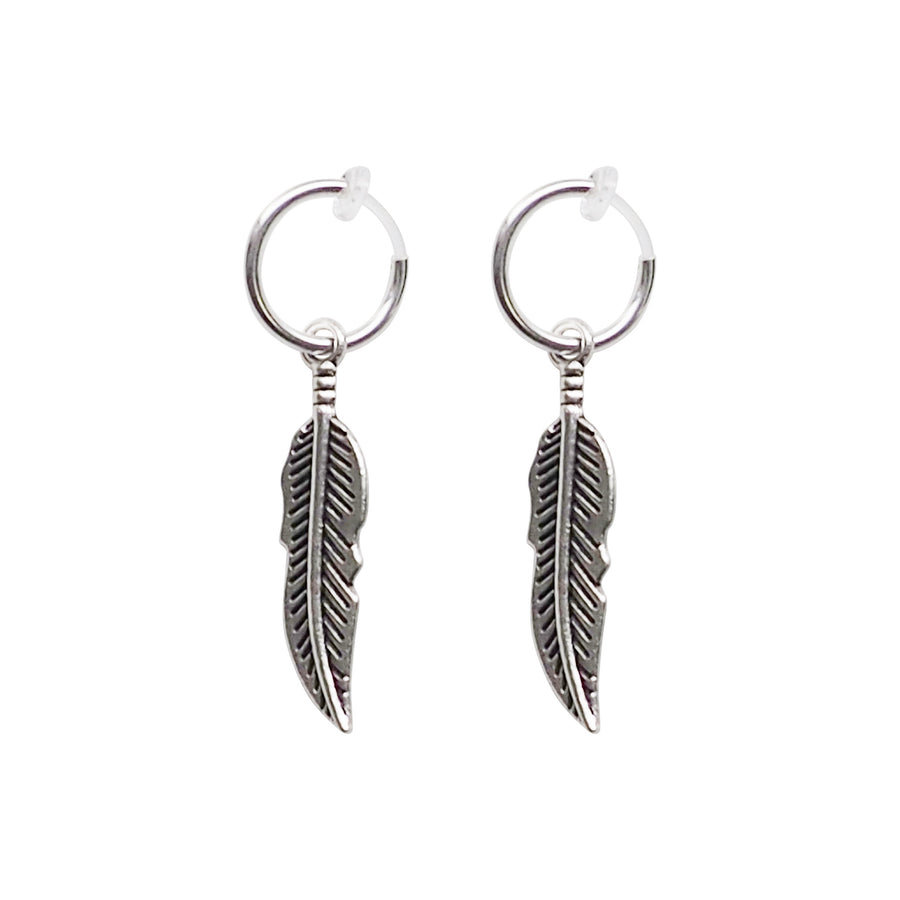 Silver Feather Resin Clip On Hoop Earrings - Miyabi Grace