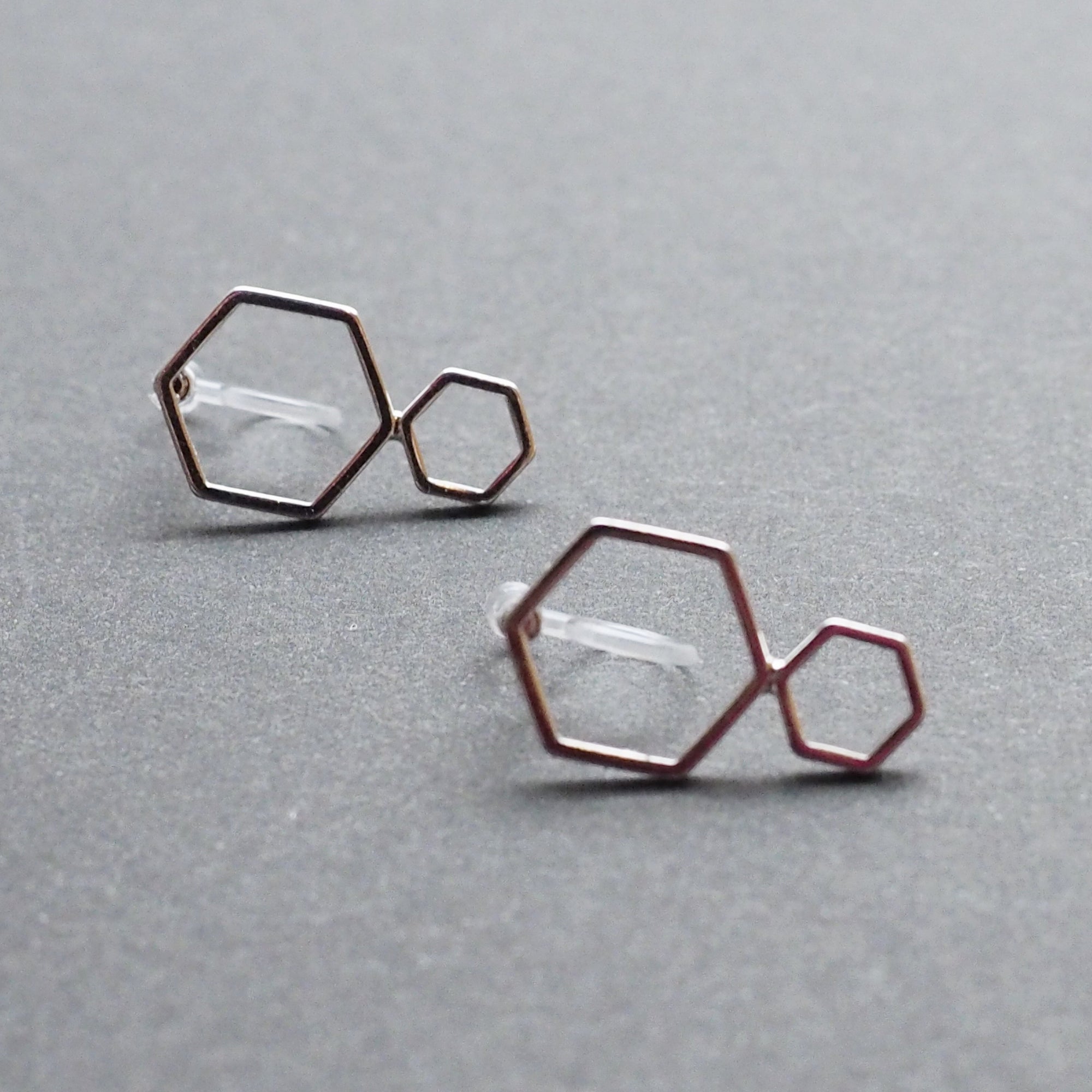 Double hexagon invisible clip on stud earrings ( Silver tone ) - miyabigracejewelry.com