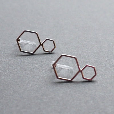 Double hexagon invisible clip on stud earrings ( Silver tone ) - miyabigracejewelry.com