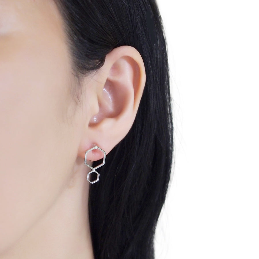 Double hexagon invisible clip on stud earrings ( Silver tone ) - miyabigracejewelry.com
