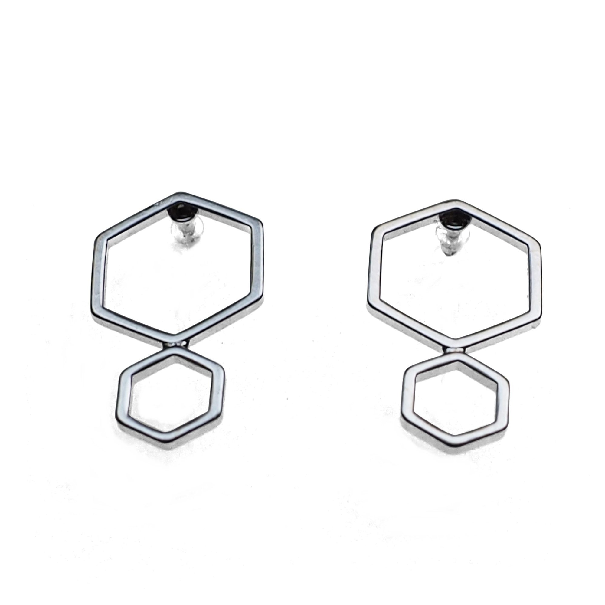 Double hexagon invisible clip on stud earrings ( Silver tone ) - miyabigracejewelry.com