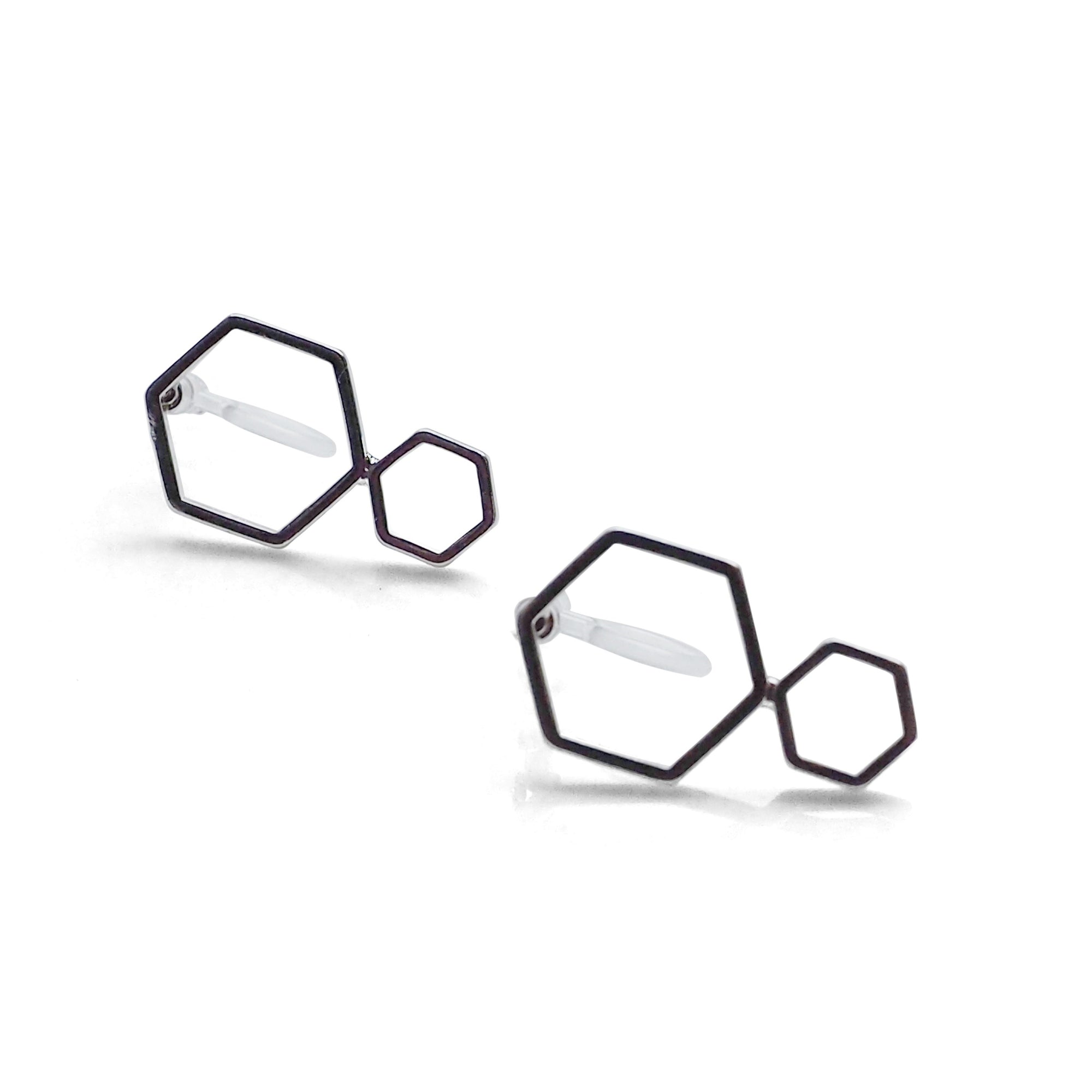 Double hexagon invisible clip on stud earrings ( Silver tone ) - miyabigracejewelry.com
