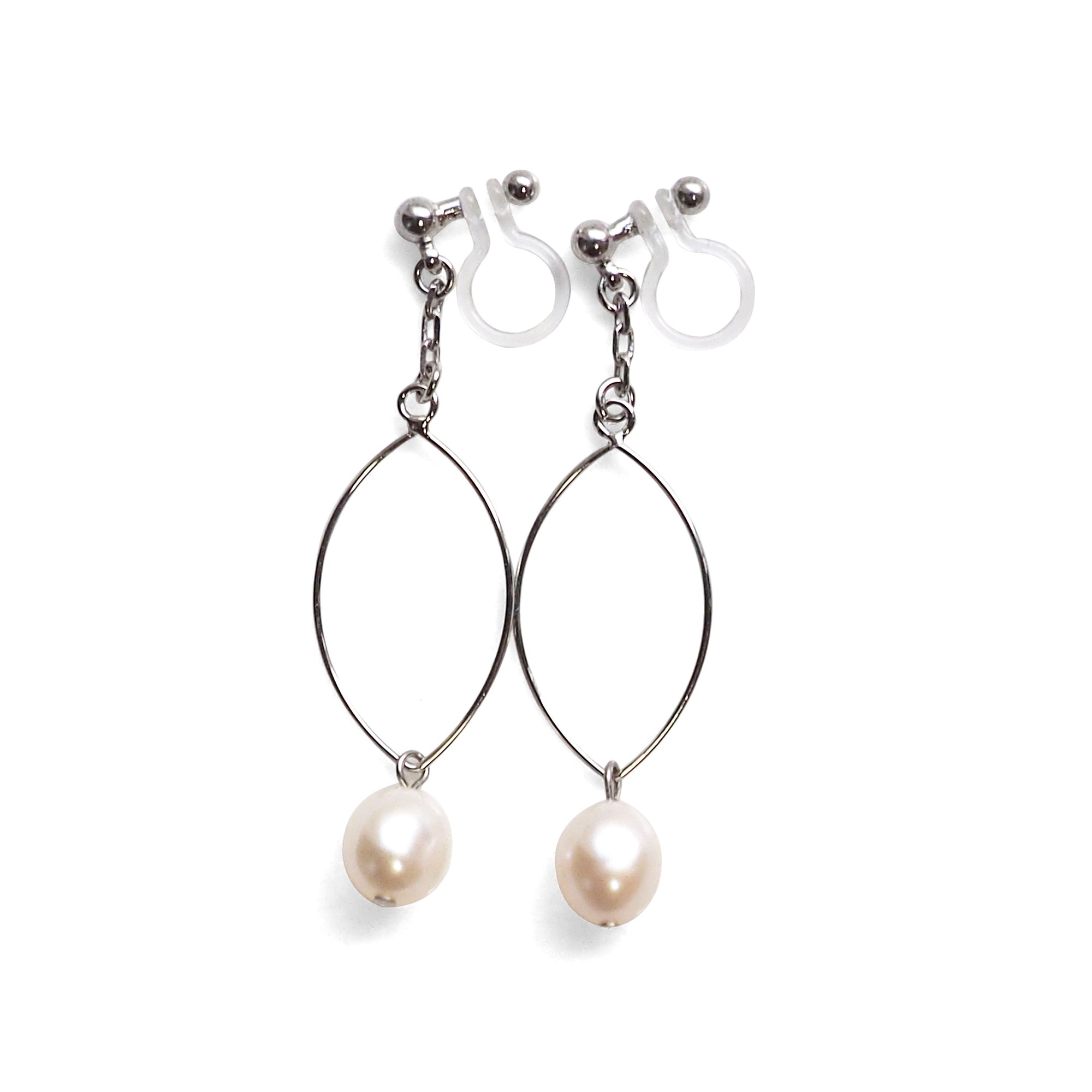 White freshwater pearl with hoop invisible clip on earrings - miyabigracejewelry.com