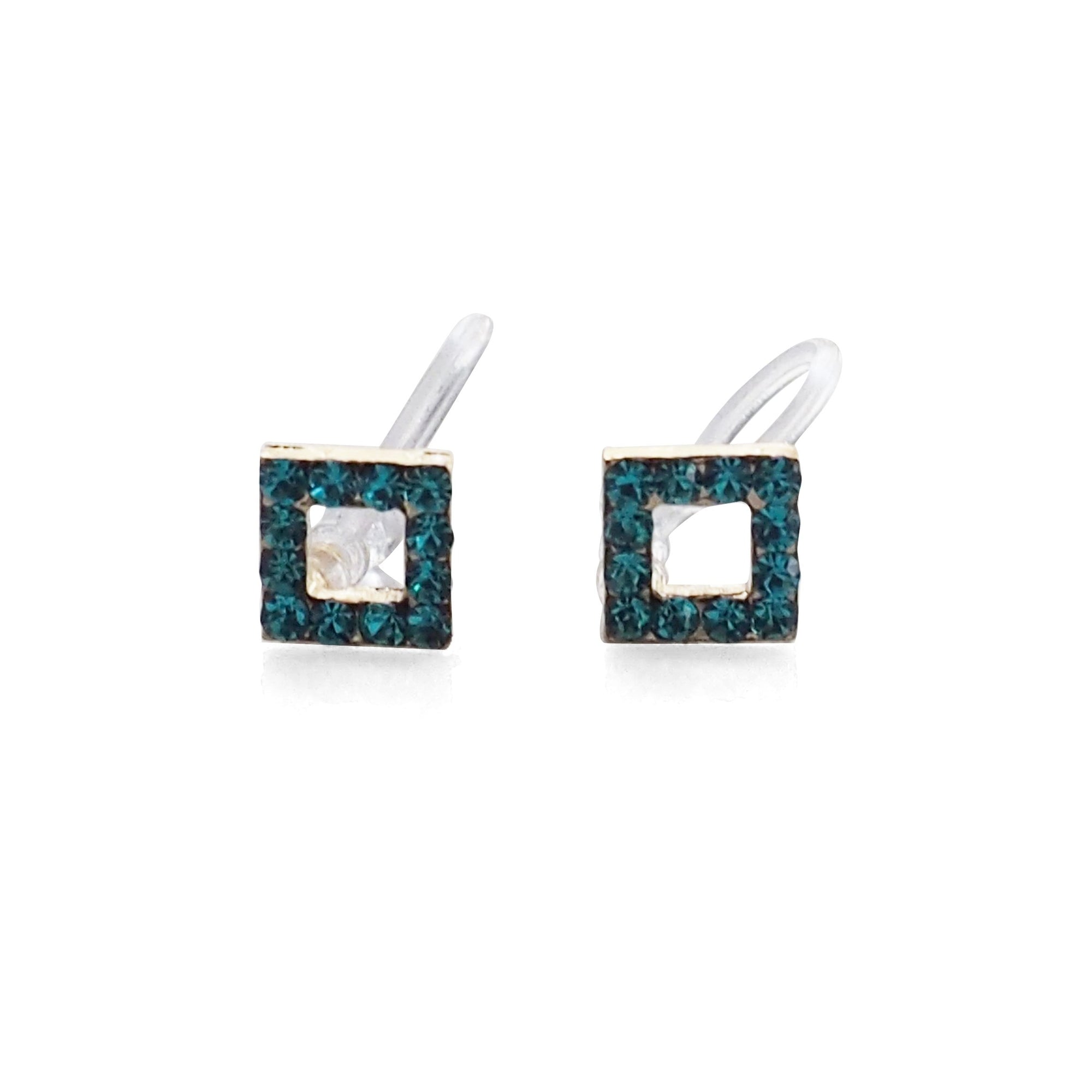 Sky Blue Square Rhinestone and Gold Invisible Clip On Stud Earrings - miyabigracejewelry.com