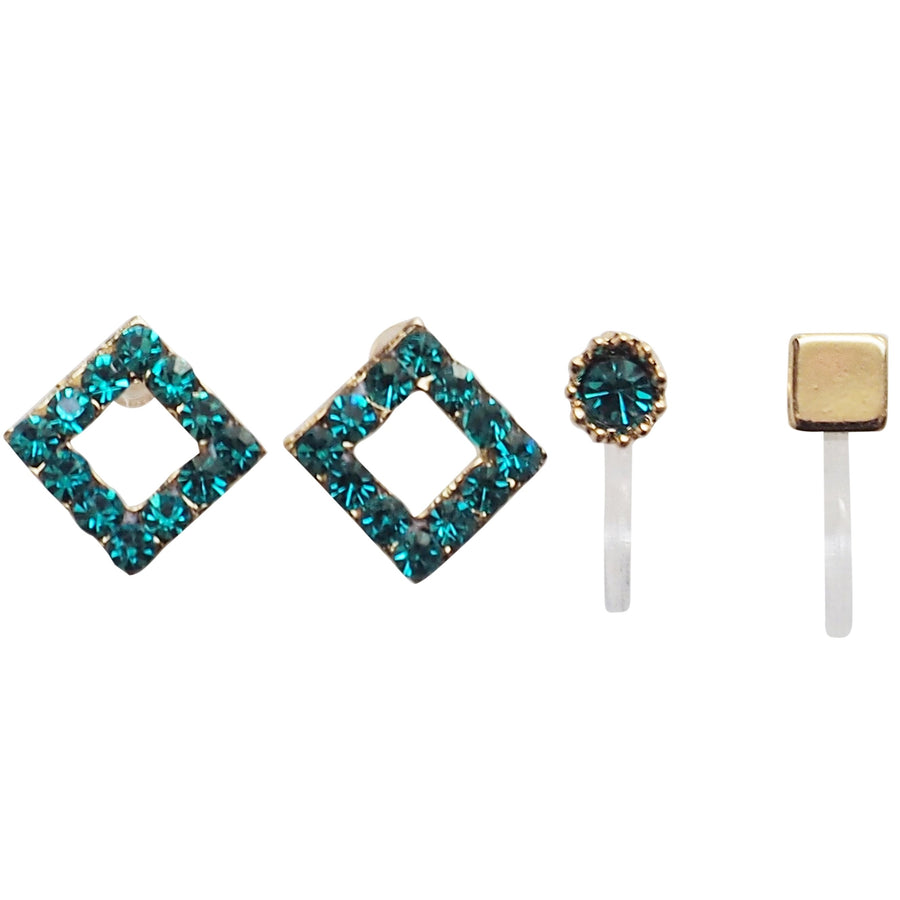 Sky Blue Square Rhinestone and Gold Invisible Clip On Stud Earrings - miyabigracejewelry.com