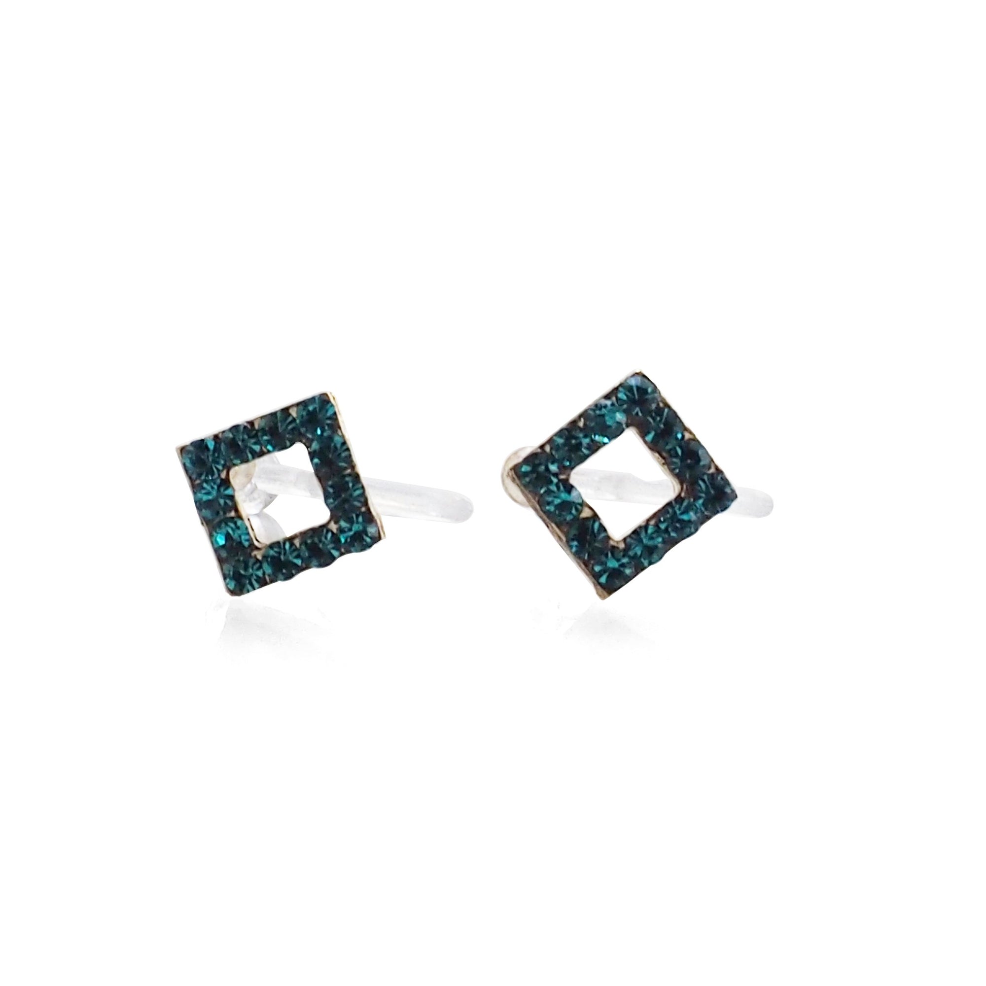 Sky Blue Square Rhinestone and Gold Invisible Clip On Stud Earrings - miyabigracejewelry.com