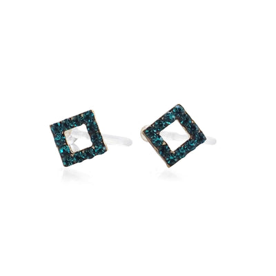 Sky Blue Square Rhinestone and Gold Invisible Clip On Stud Earrings - miyabigracejewelry.com