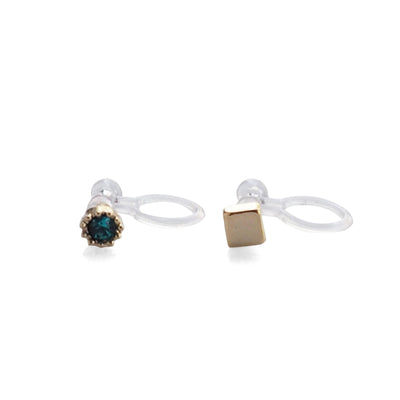 Sky Blue Square Rhinestone and Gold Invisible Clip On Stud Earrings - miyabigracejewelry.com