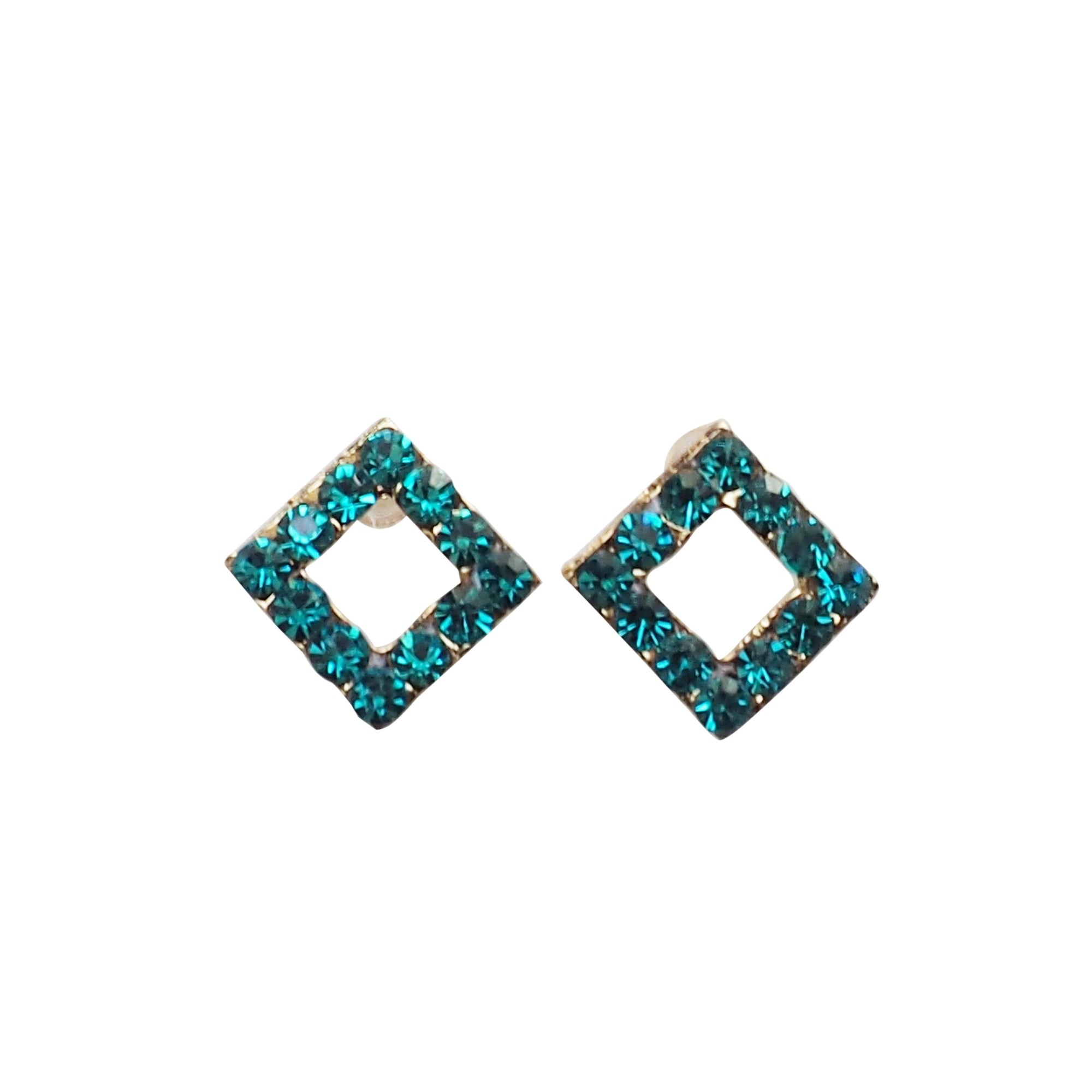 Sky Blue Square Rhinestone and Gold Invisible Clip On Stud Earrings - miyabigracejewelry.com