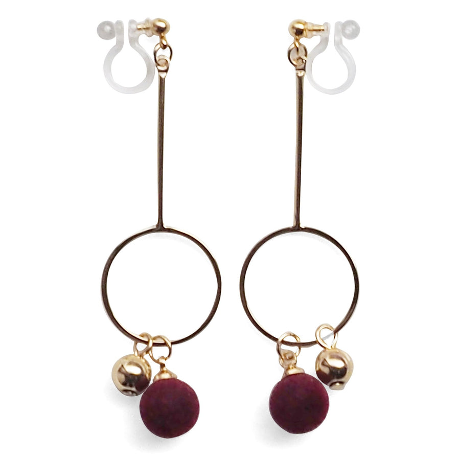 Burgundy Velvet and Gold Ball Invisible Clip On Earrings - Miyabi Grace