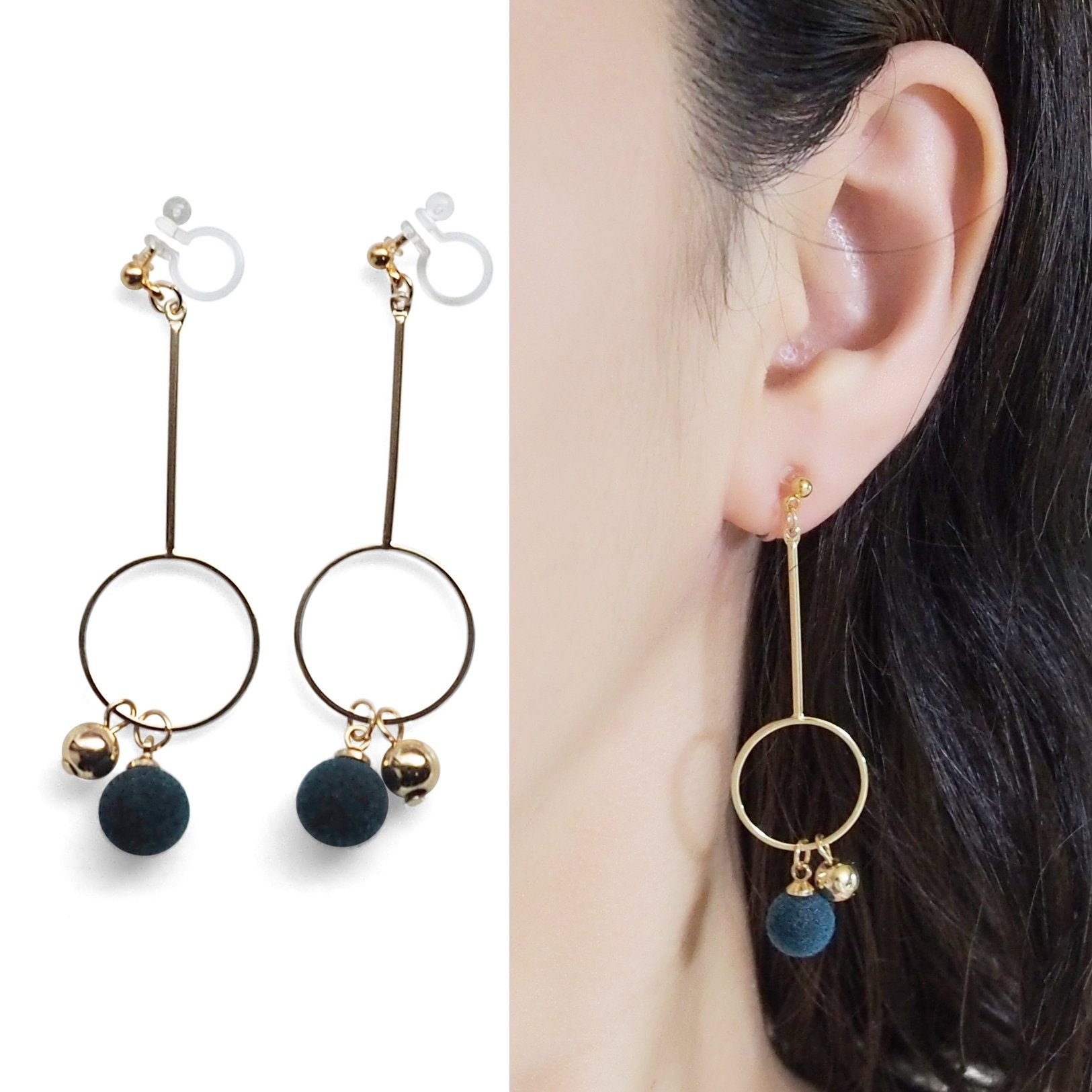 Green Velvet and Gold Ball Invisible Clip On Earrings - Miyabi Grace