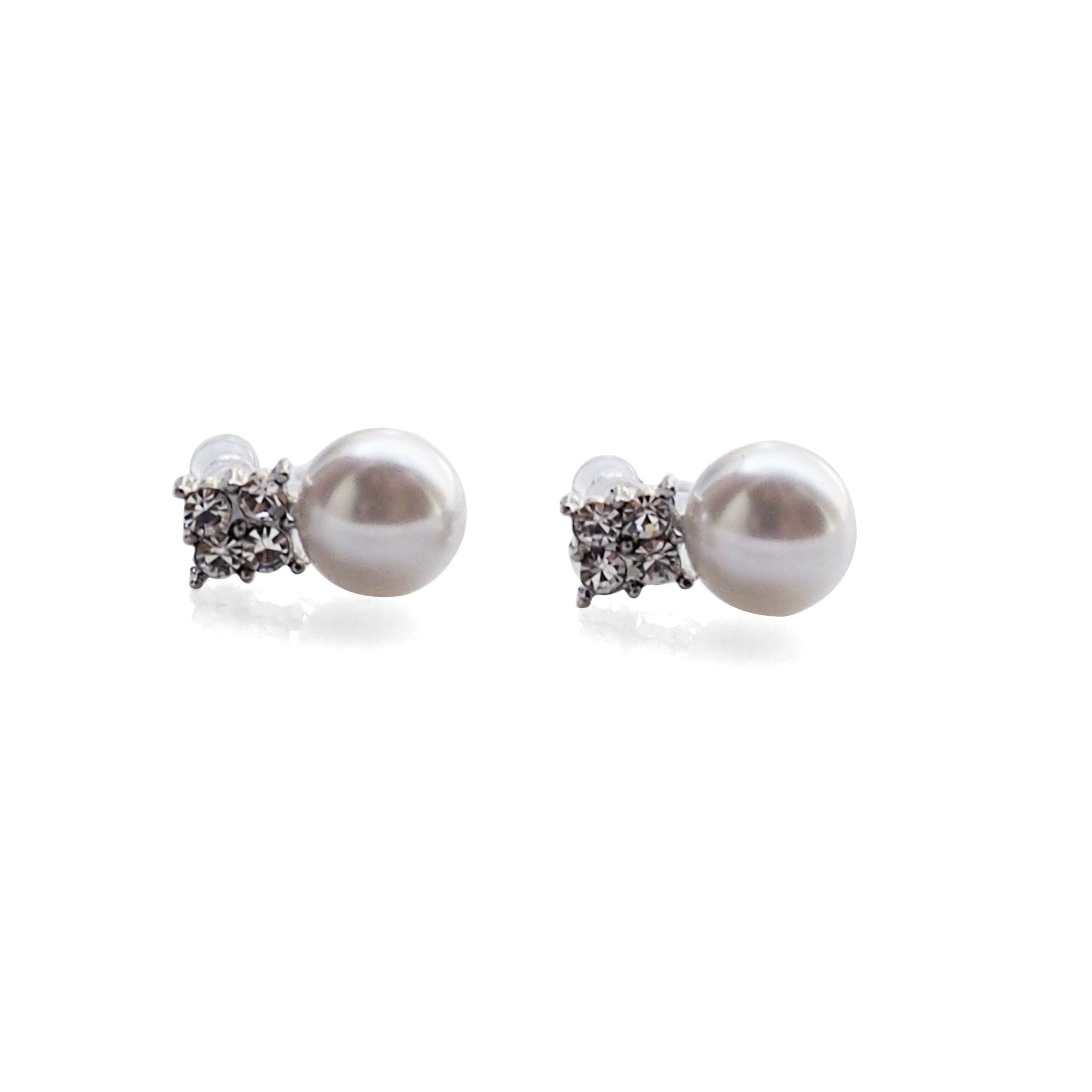White Pearl and Rhinestone Invisible Clip On Stud Earrings (Silver tone) - miyabigracejewelry.com