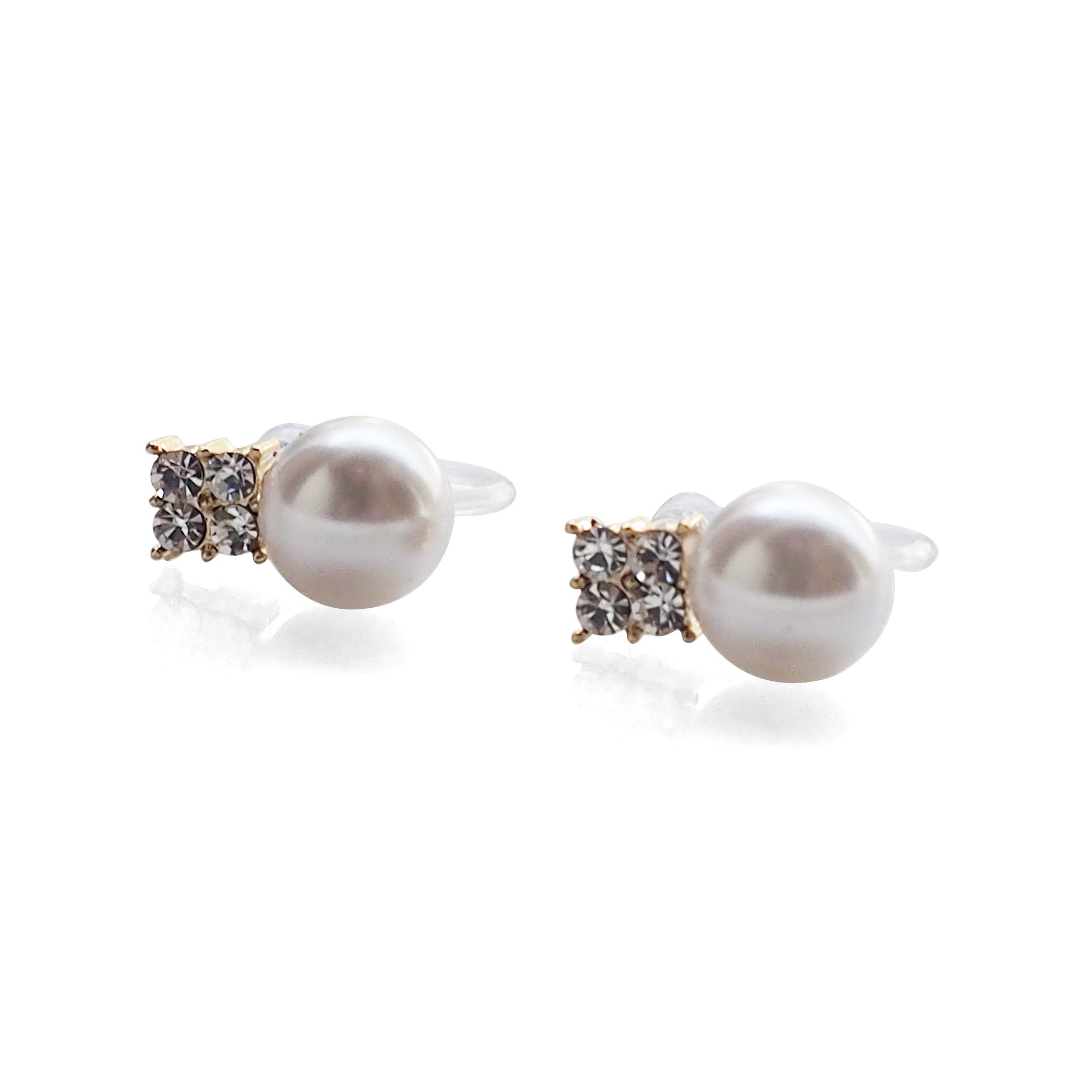 White Pearl and Rhinestone Invisible Clip On Stud Earrings (Gold tone) - miyabigracejewelry.com