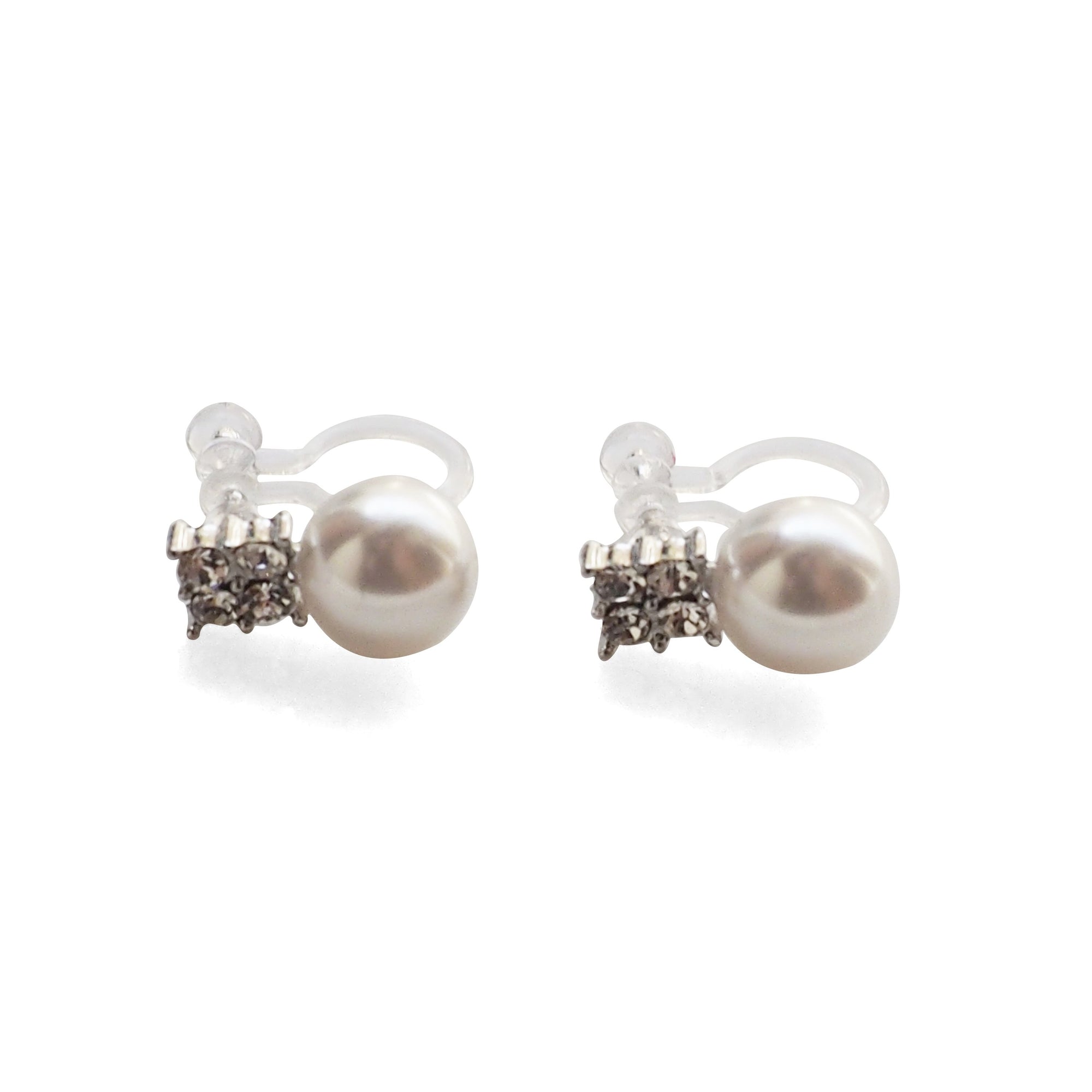 White Pearl and Rhinestone Invisible Clip On Stud Earrings (Silver tone) - miyabigracejewelry.com