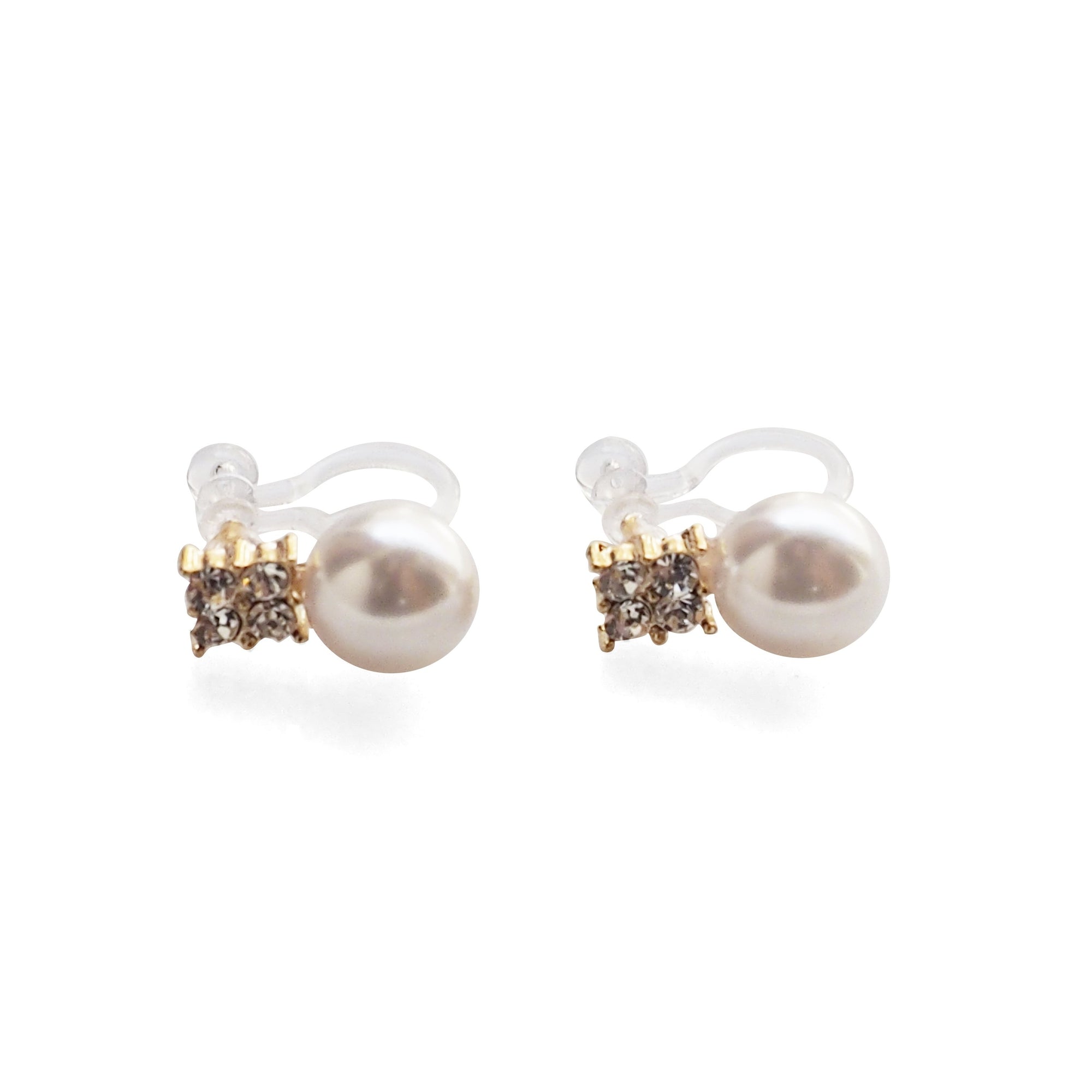 White Pearl and Rhinestone Invisible Clip On Stud Earrings (Gold tone) - miyabigracejewelry.com