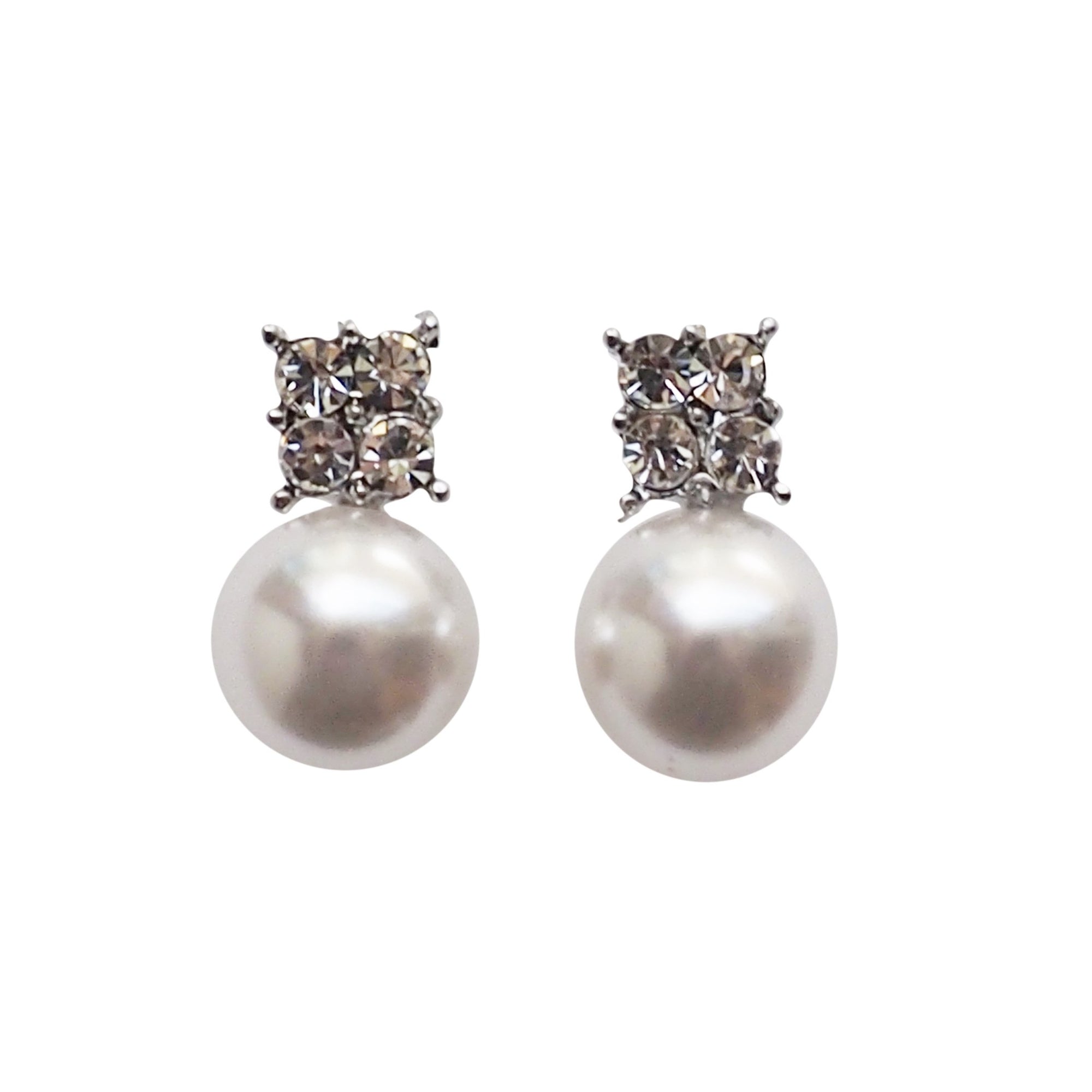 White Pearl and Rhinestone Invisible Clip On Stud Earrings (Silver tone) - miyabigracejewelry.com
