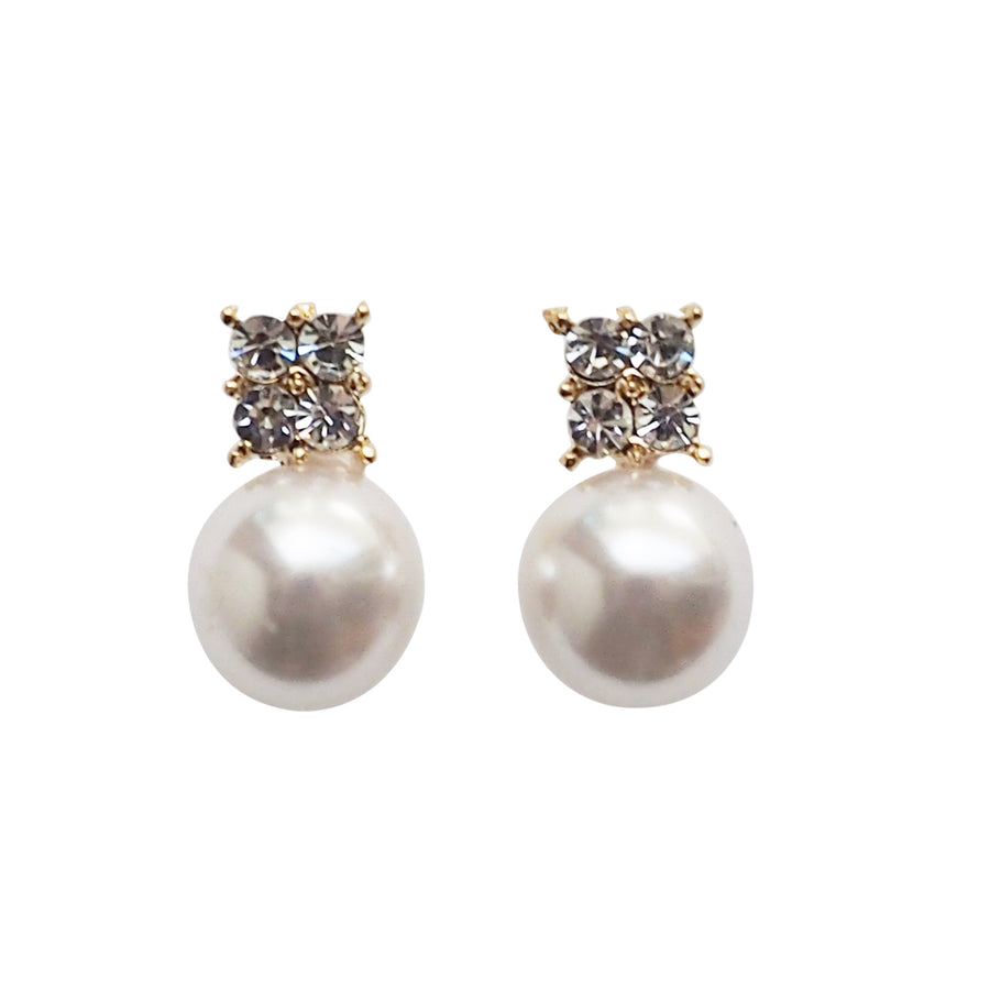 White Pearl and Rhinestone Invisible Clip On Stud Earrings (Gold tone) - miyabigracejewelry.com
