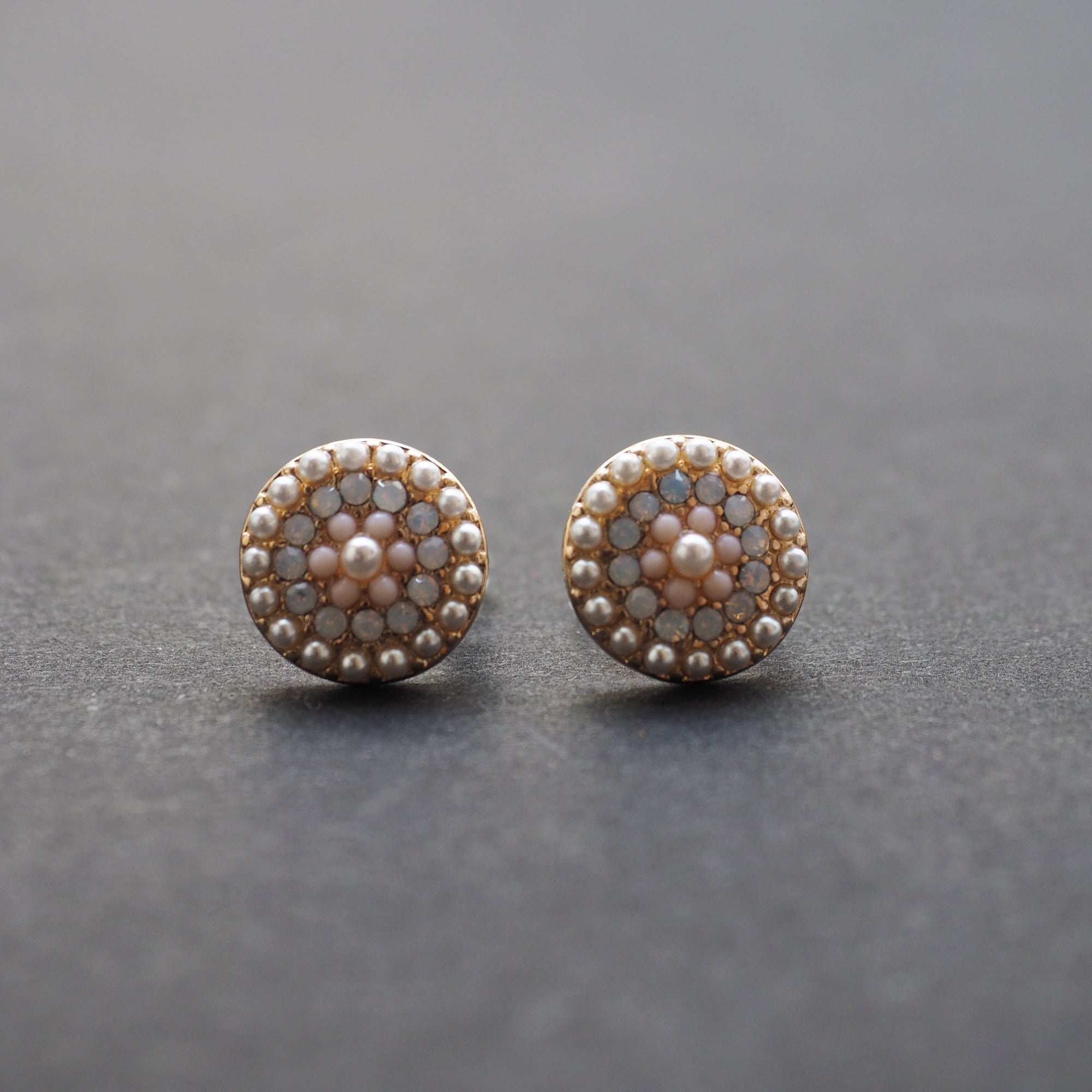 Round Beaded Pearl and Pink Rhinestone Crystal Invisible Clip On Stud Earrings - miyabigracejewelry.com