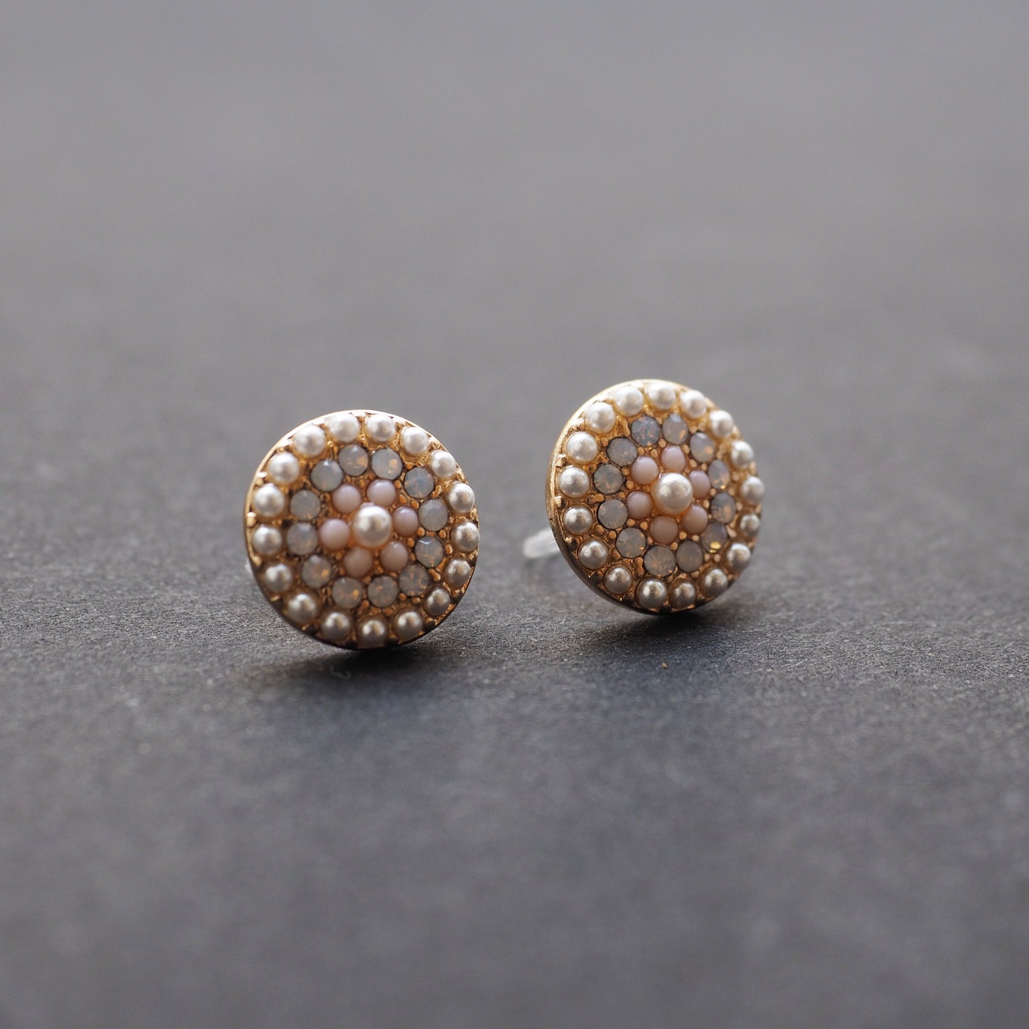 Round Beaded Pearl and Pink Rhinestone Crystal Invisible Clip On Stud Earrings - miyabigracejewelry.com