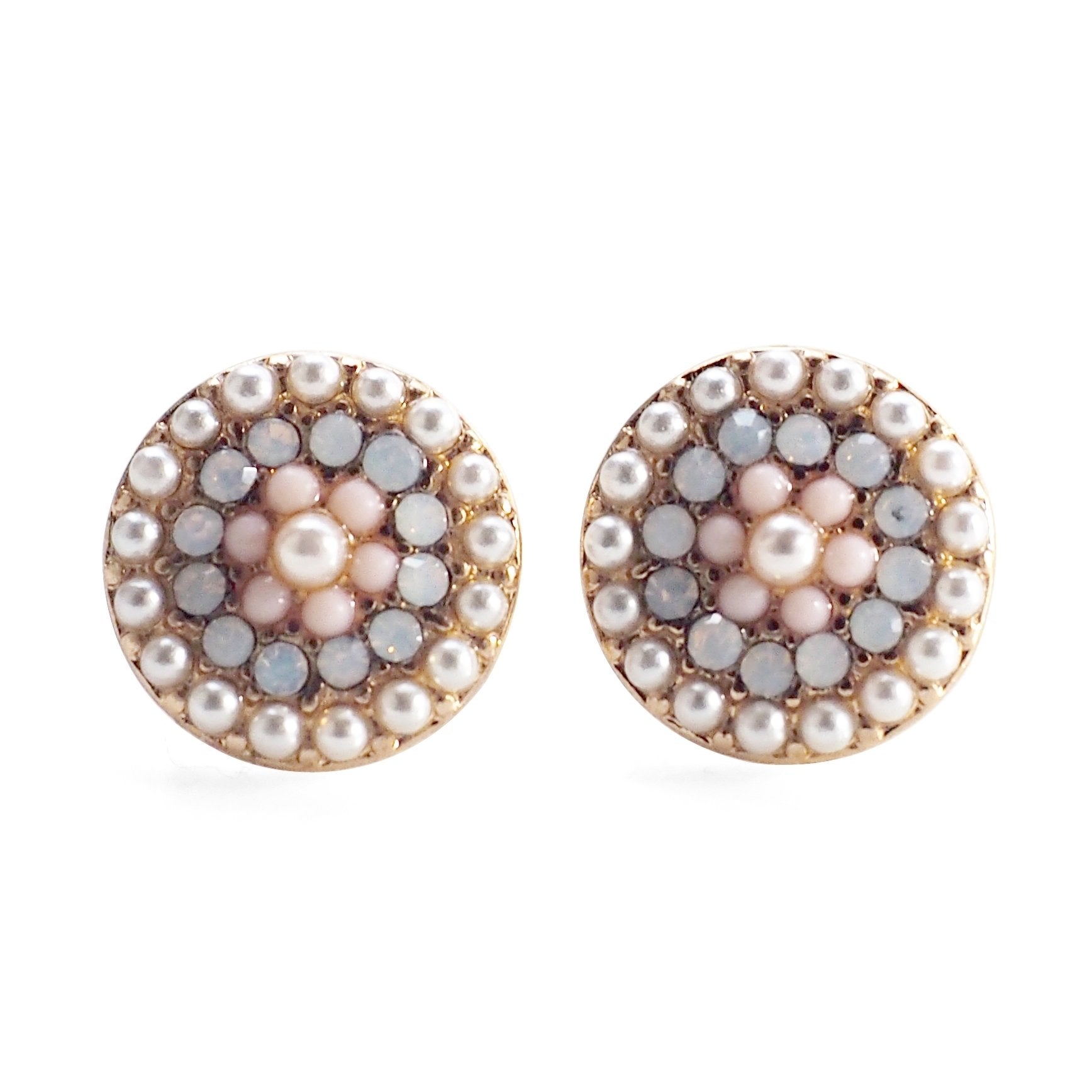 Round Beaded Pearl and Pink Rhinestone Crystal Invisible Clip On Stud Earrings - miyabigracejewelry.com