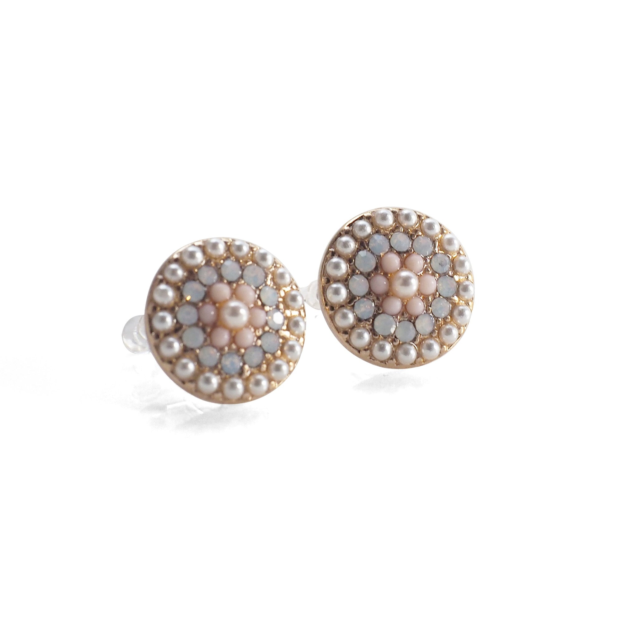 Round Beaded Pearl and Pink Rhinestone Crystal Invisible Clip On Stud Earrings - miyabigracejewelry.com
