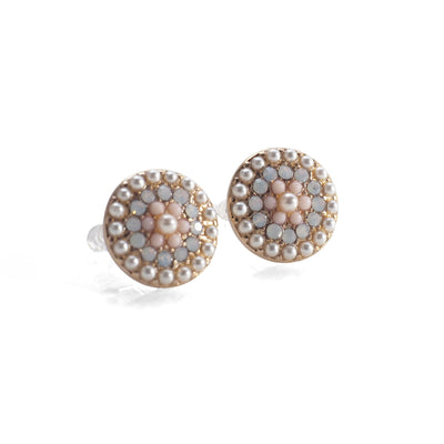 Round Beaded Pearl and Pink Rhinestone Crystal Invisible Clip On Stud Earrings - miyabigracejewelry.com