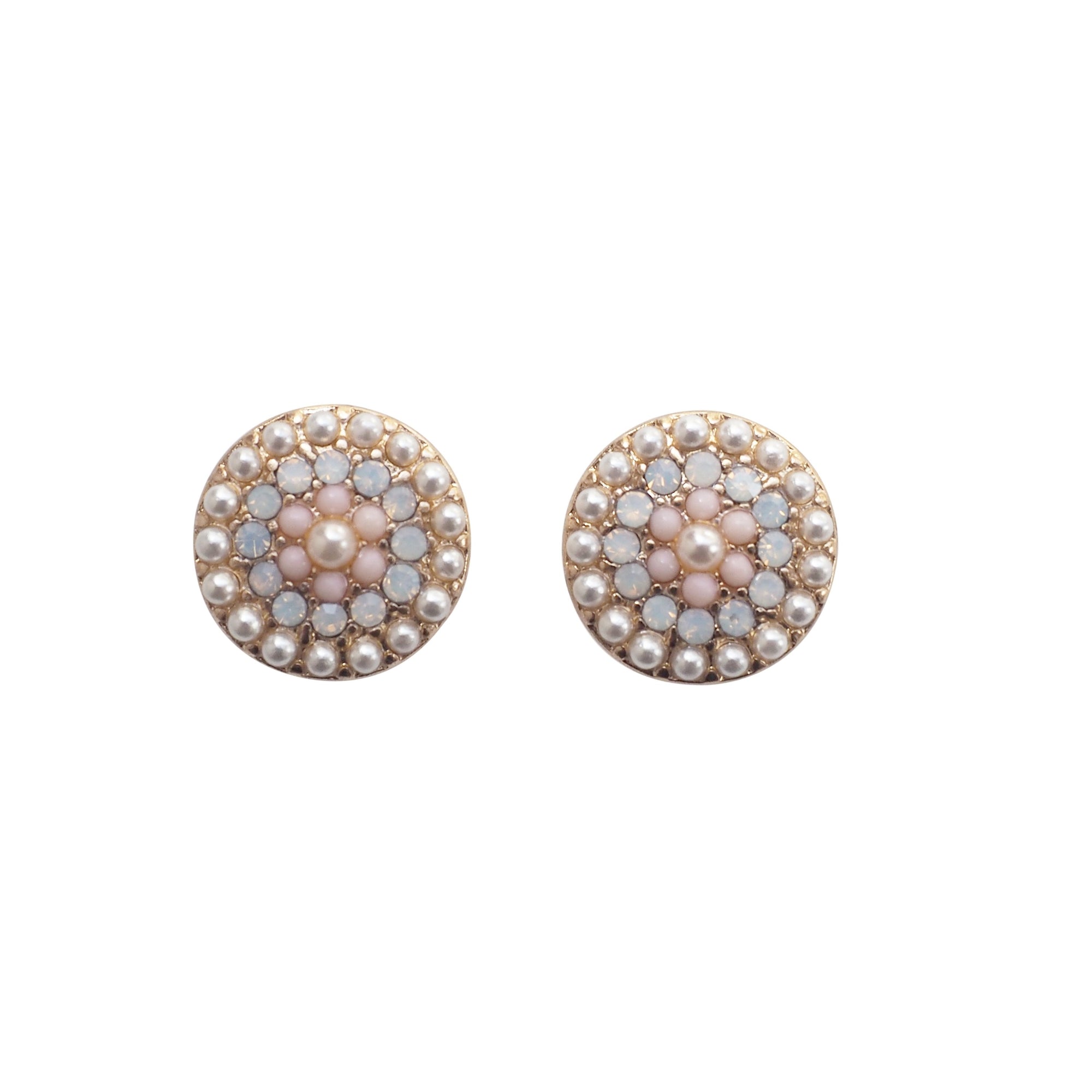 Round Beaded Pearl and Pink Rhinestone Crystal Invisible Clip On Stud Earrings - miyabigracejewelry.com
