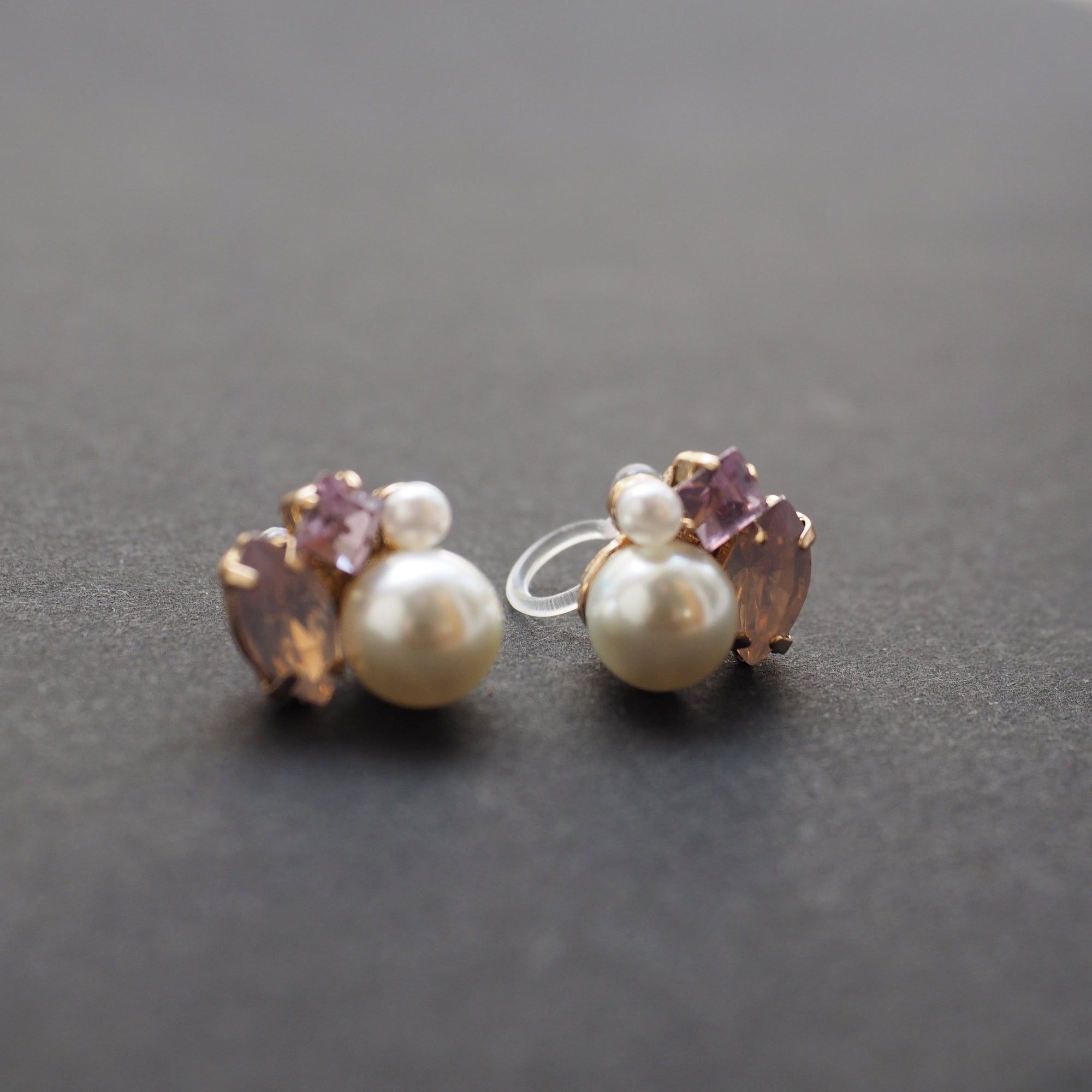 Pearl and Pink Rhinestone Crystal Invisible Clip On Stud Earrings - miyabigracejewelry.com