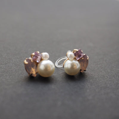 Pearl and Pink Rhinestone Crystal Invisible Clip On Stud Earrings - miyabigracejewelry.com