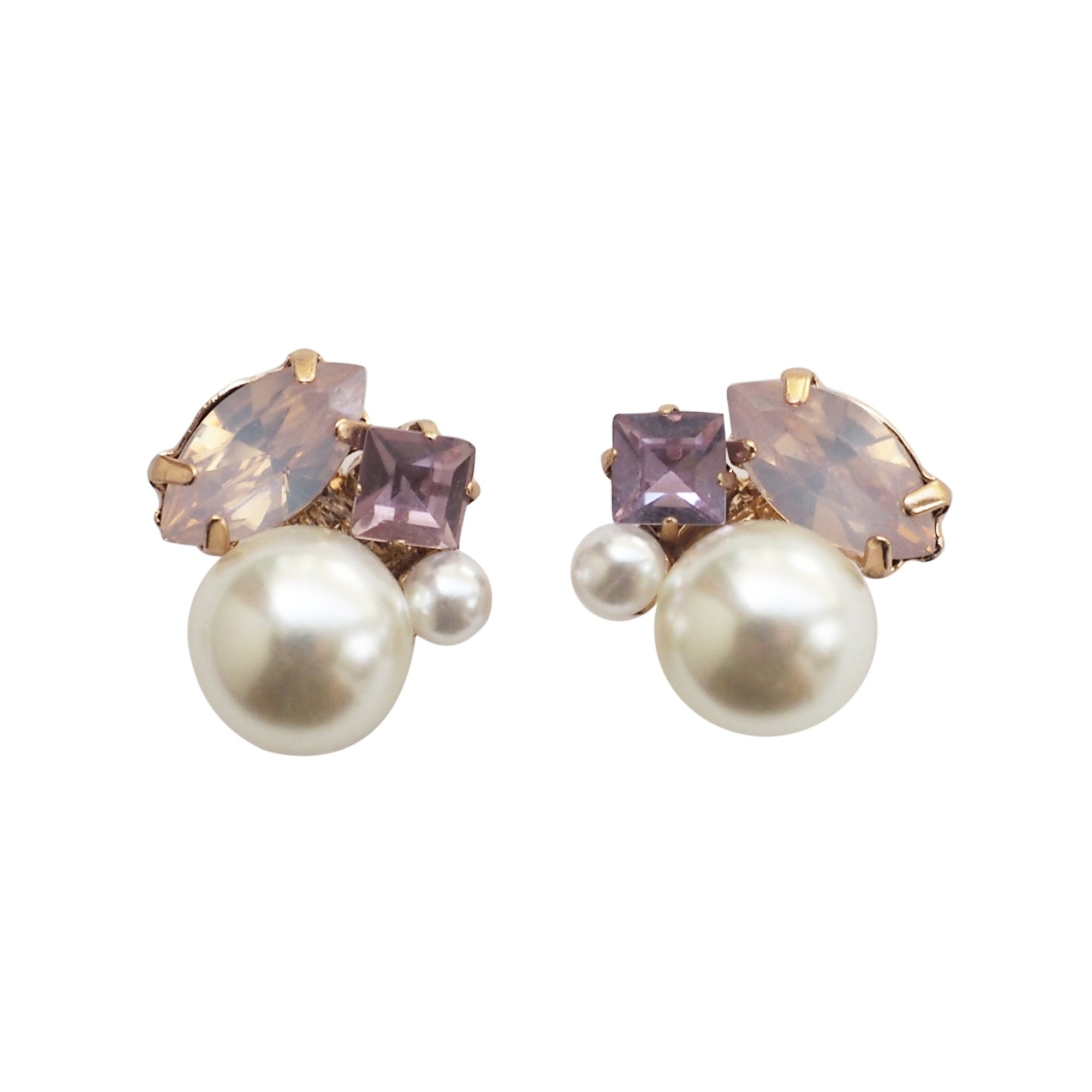 Pearl and Pink Rhinestone Crystal Invisible Clip On Stud Earrings - miyabigracejewelry.com