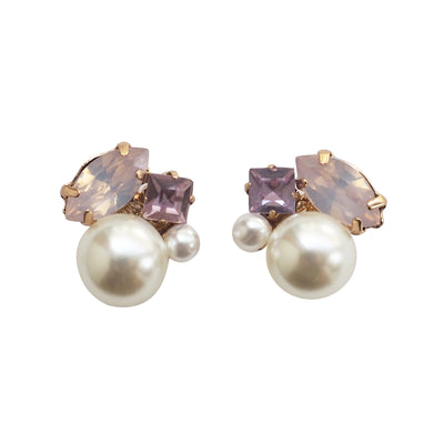Pearl and Pink Rhinestone Crystal Invisible Clip On Stud Earrings - miyabigracejewelry.com