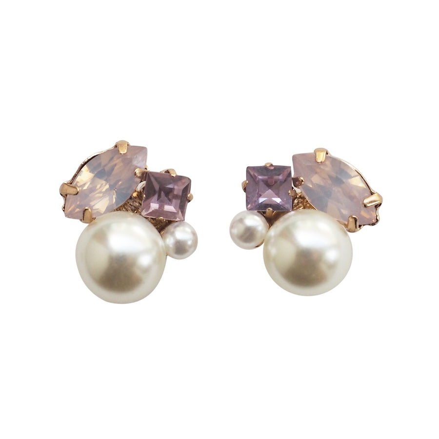 Pearl and Pink Rhinestone Crystal Invisible Clip On Stud Earrings - miyabigracejewelry.com