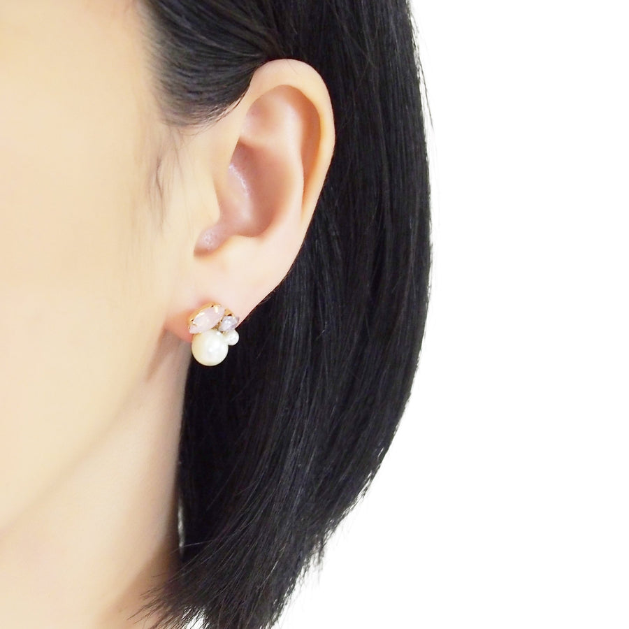 Pearl and Pink Rhinestone Crystal Invisible Clip On Stud Earrings - miyabigracejewelry.com