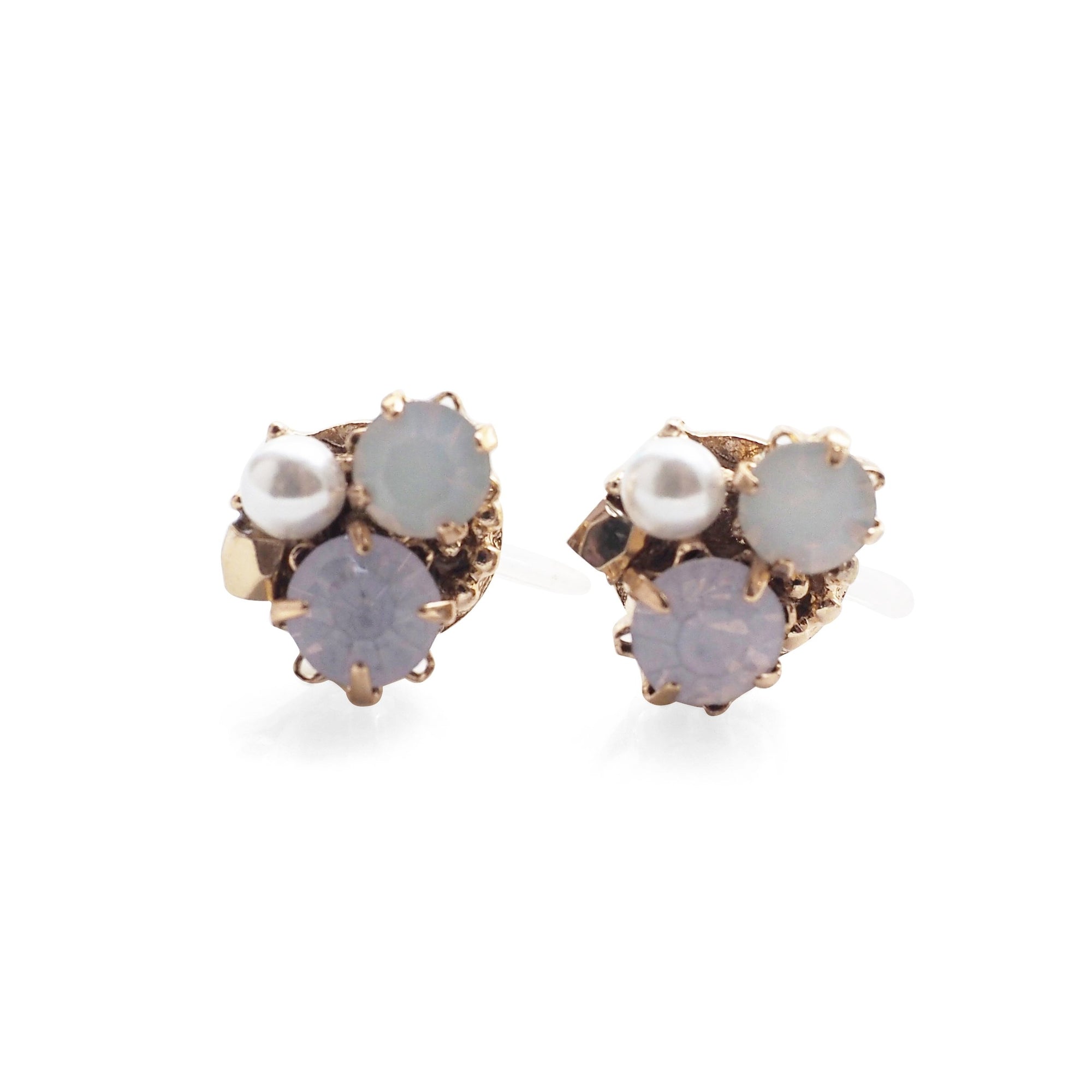 Pink Rhinestone and Pearl Invisible Clip On Stud Earrings - miyabigracejewelry.com
