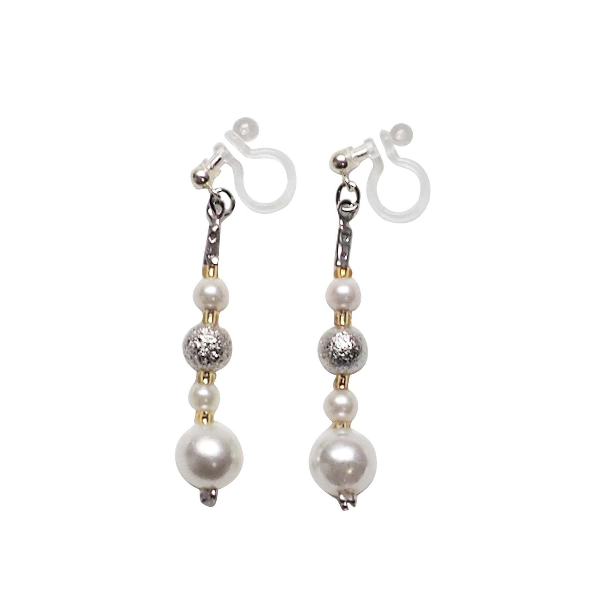 Dangle white pearls & metallic silver ball invisible clip on earrings - Miyabi Grace
