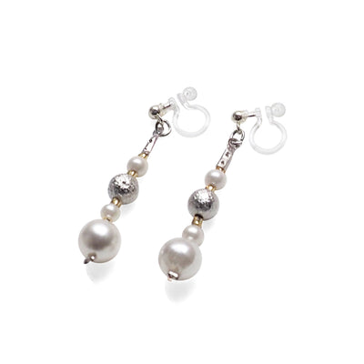 Dangle white pearls & metallic silver ball invisible clip on earrings - Miyabi Grace