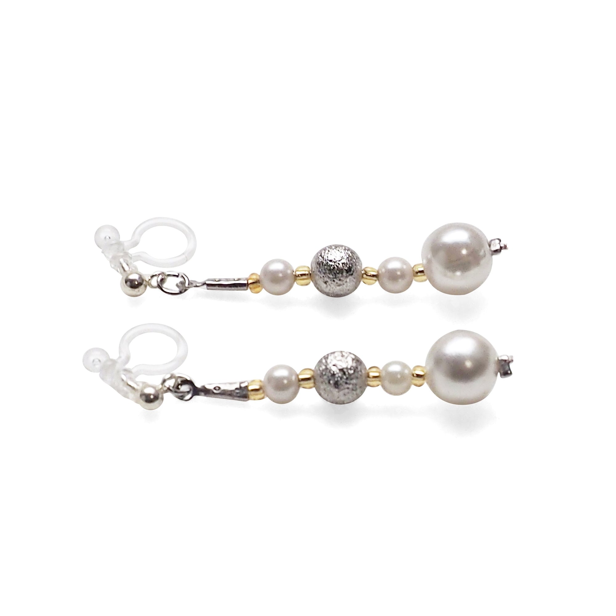 Dangle white pearls & metallic silver ball invisible clip on earrings - Miyabi Grace