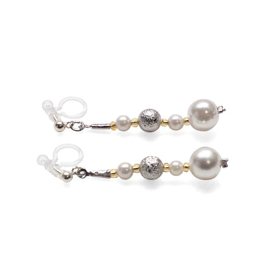 Dangle white pearls & metallic silver ball invisible clip on earrings - Miyabi Grace