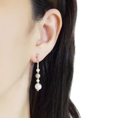 Dangle white pearls & metallic silver ball invisible clip on earrings - Miyabi Grace