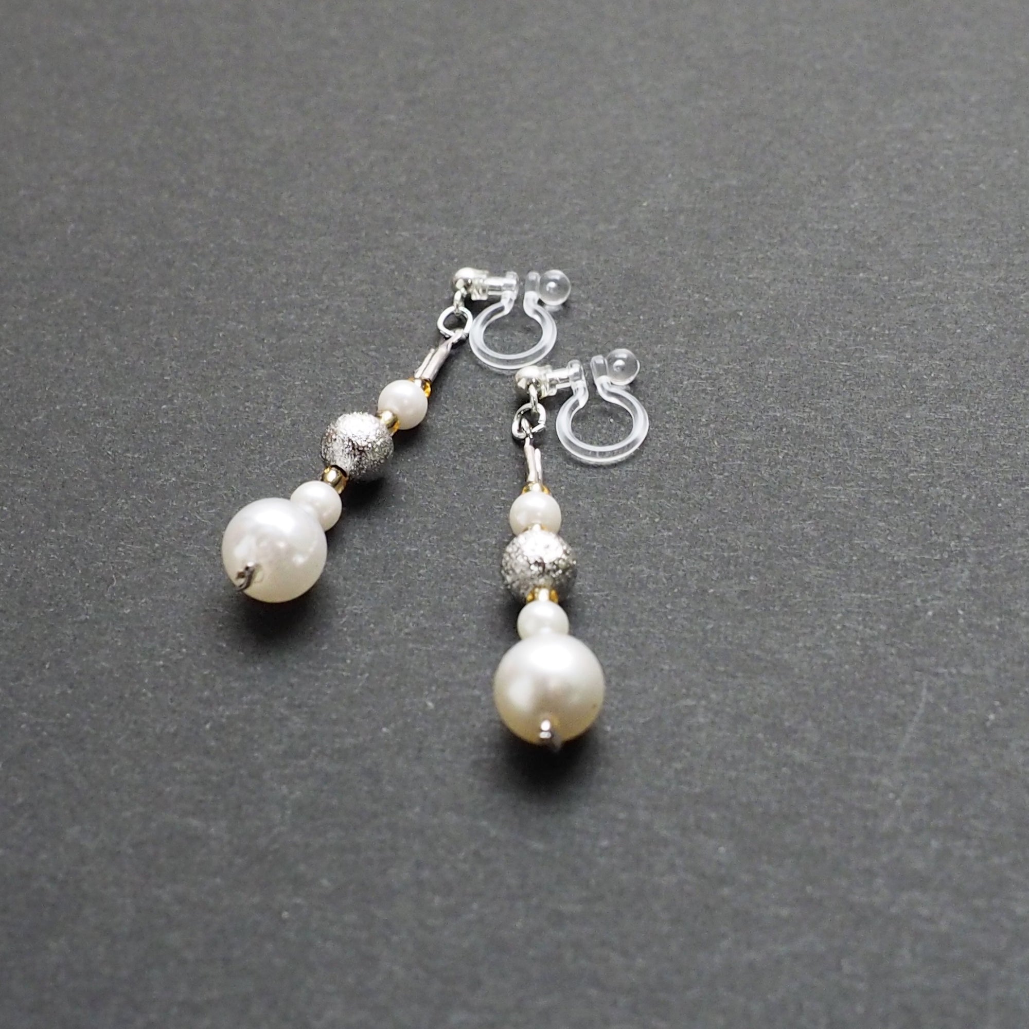 Dangle white pearls & metallic silver ball invisible clip on earrings - Miyabi Grace
