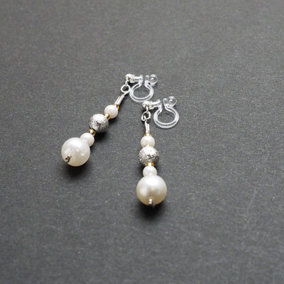 Dangle white pearls & metallic silver ball invisible clip on earrings - Miyabi Grace
