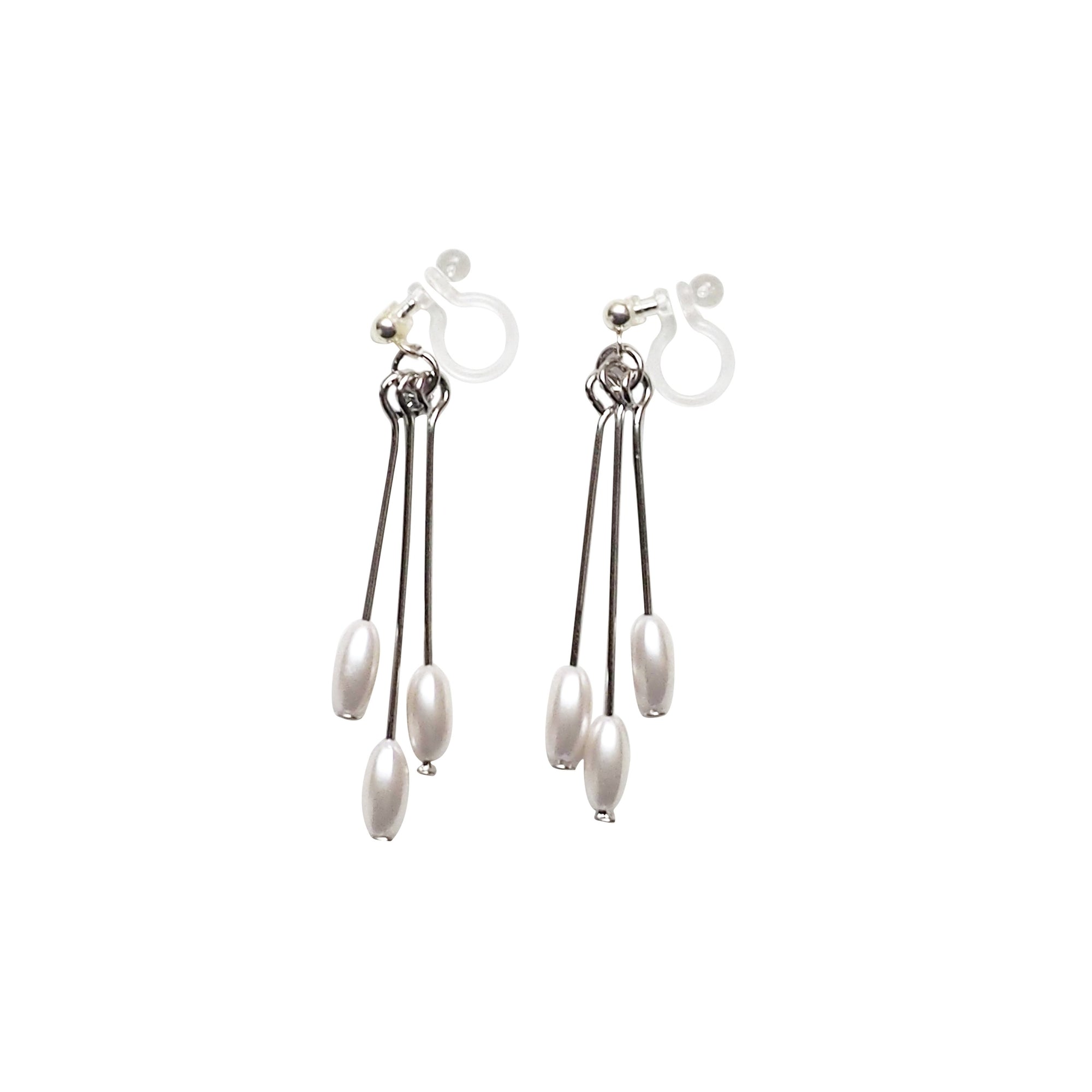 Dangle white pearls & silver sticks invisible clip on earrings - Miyabi Grace