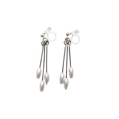 Dangle white pearls & silver sticks invisible clip on earrings - Miyabi Grace