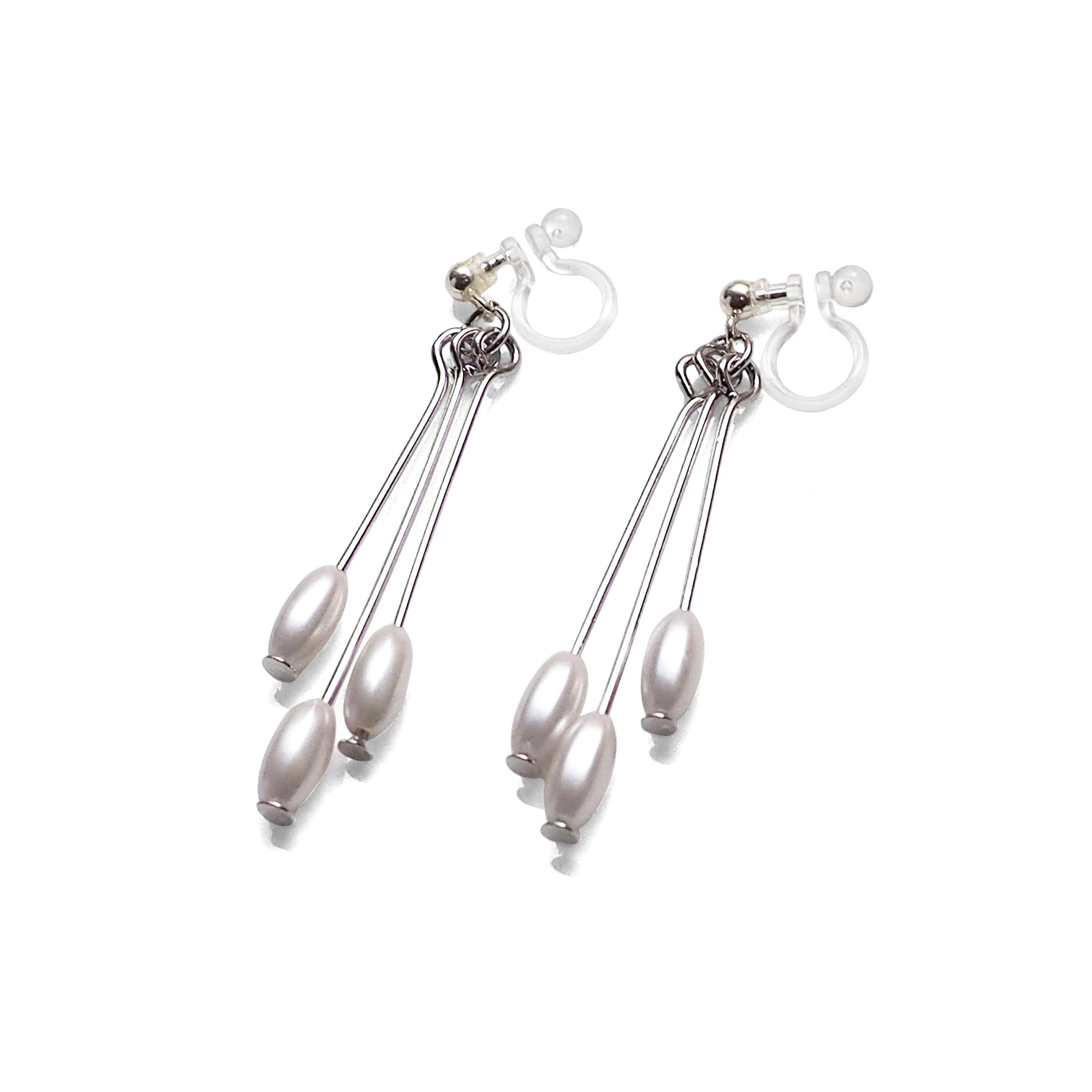 Dangle white pearls & silver sticks invisible clip on earrings - Miyabi Grace